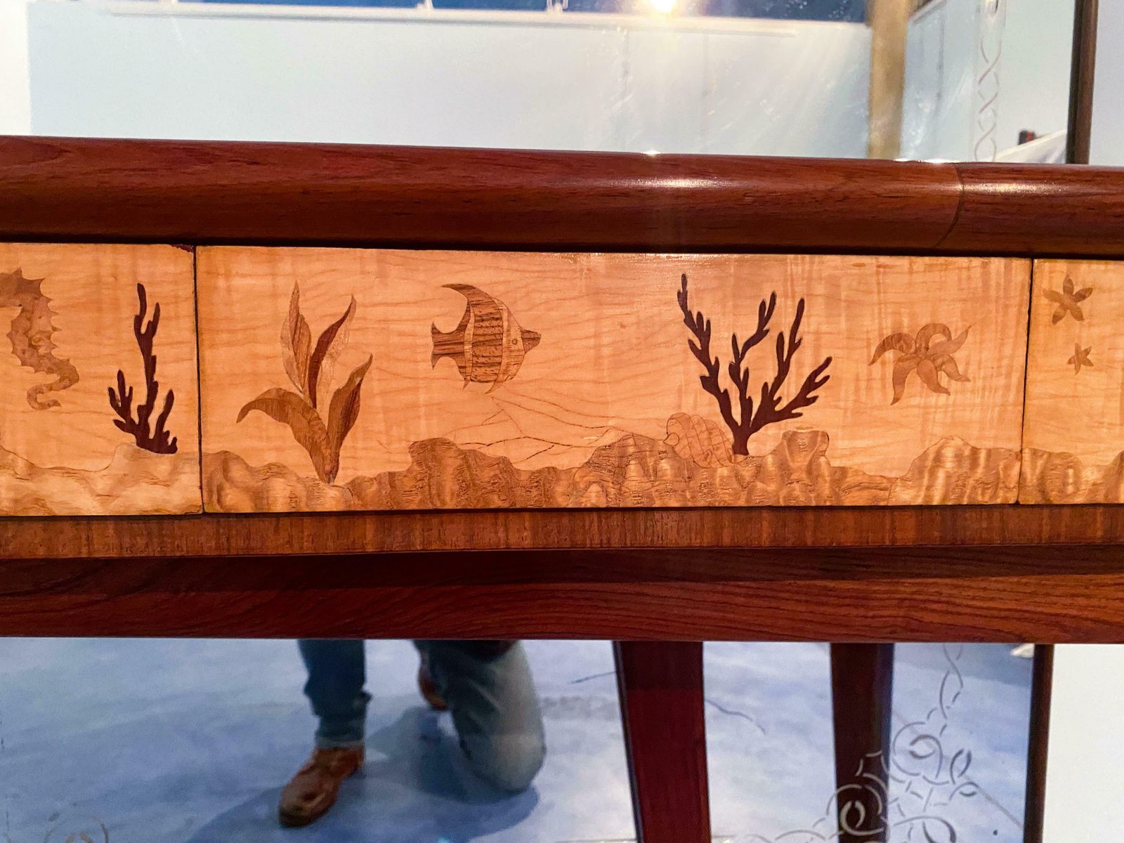 photo vinterior Italian Midcentury Inlaid Console With Mirror By Andrea Gusmai, 1950s