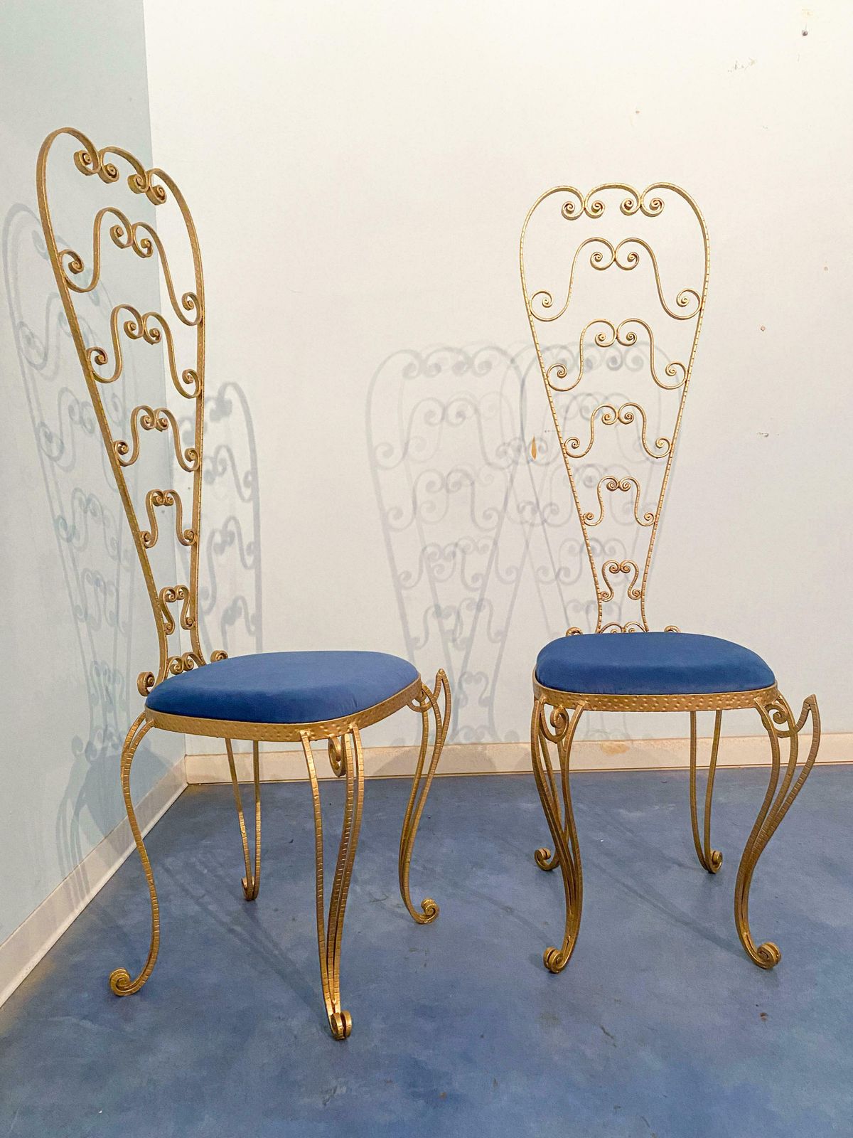 Pair Of Italian Mid Century Modern Luigi Colli Gold Iron Vanity Chairs, 1950s photo vinterior