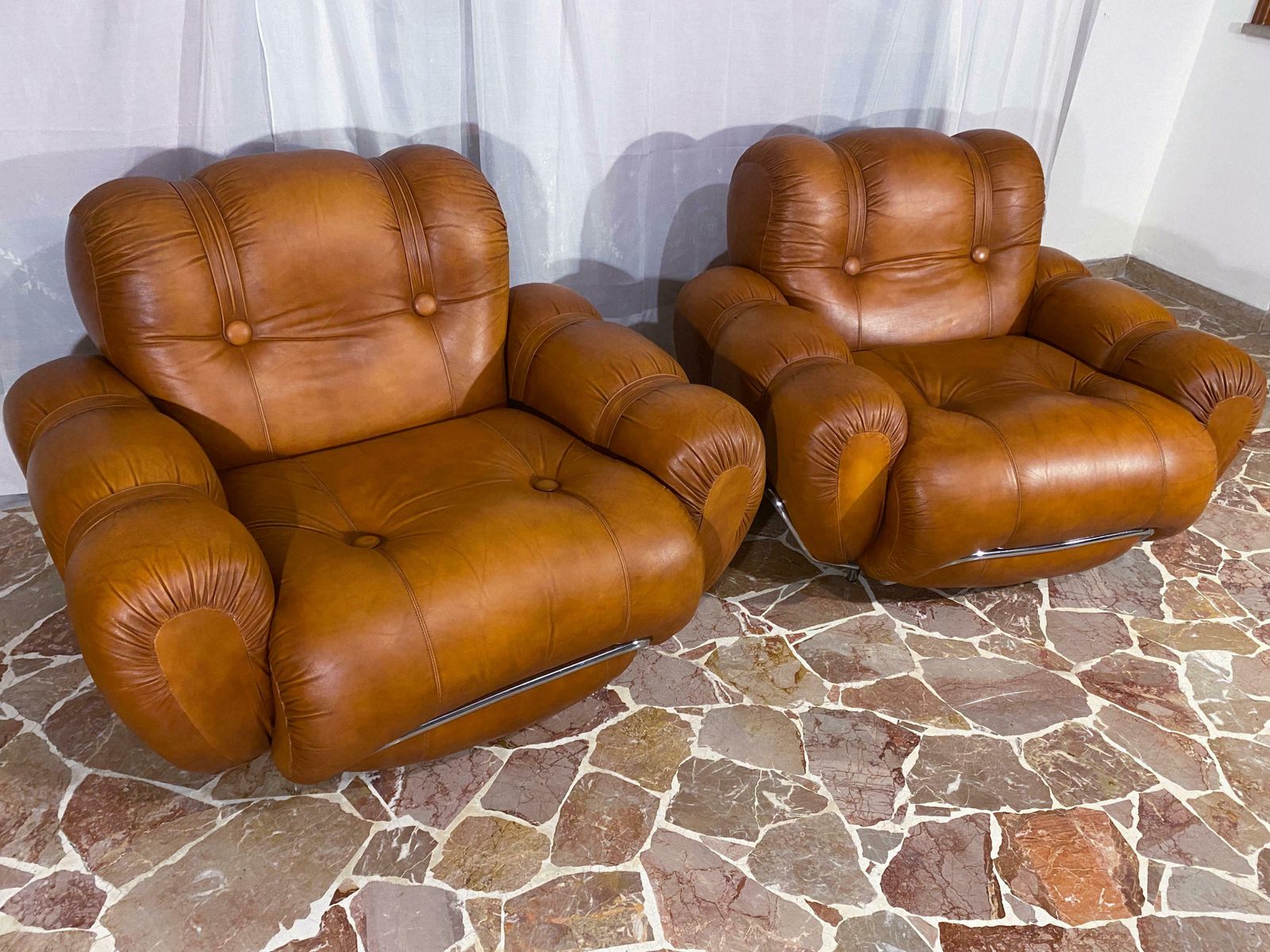 Italian Mid Century Natural Leather Space Age Armchairs, 1970s photo vinterior