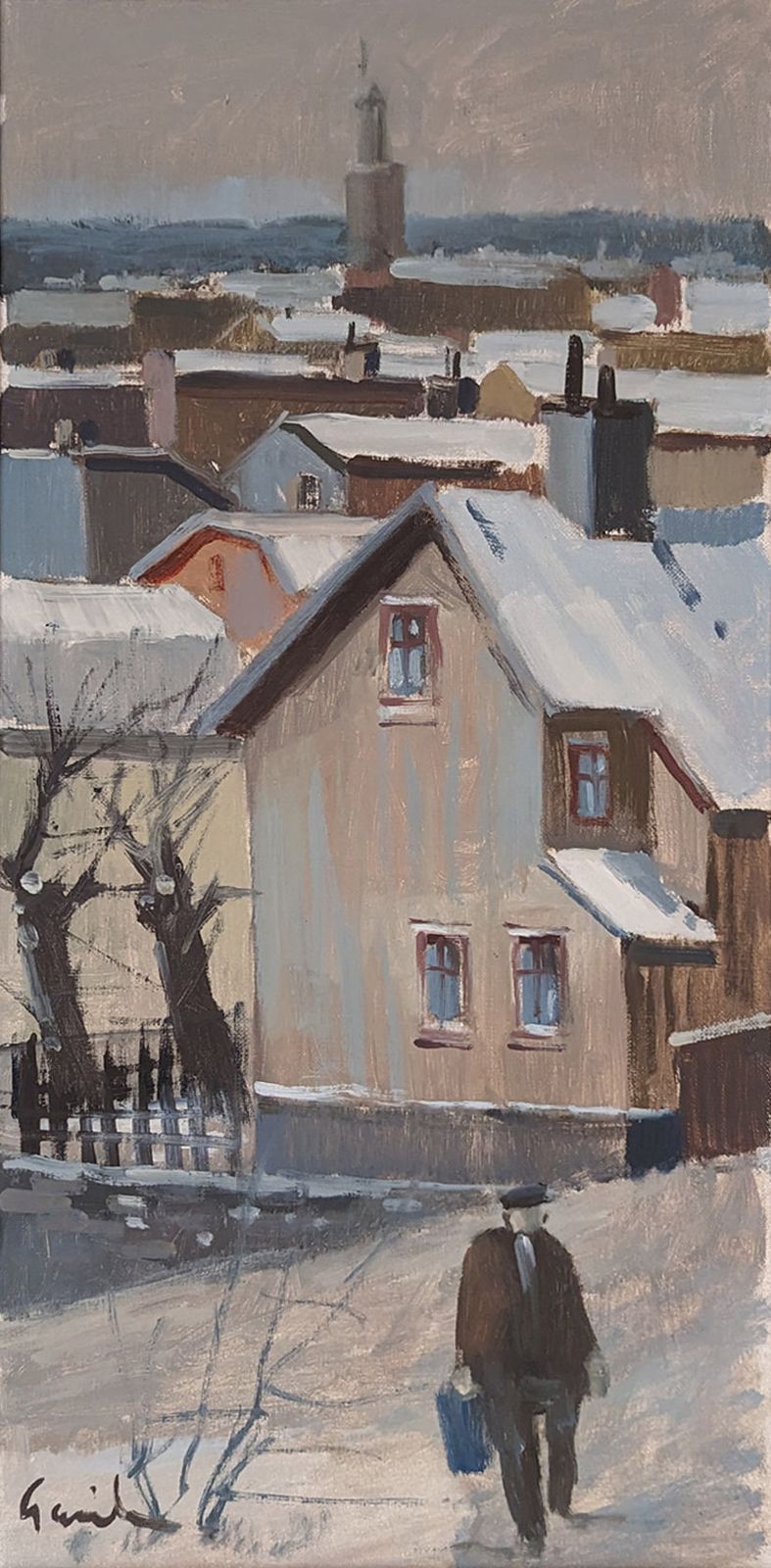 Damaged 20th Century Swedish School 'Village In Winter' photo furniture