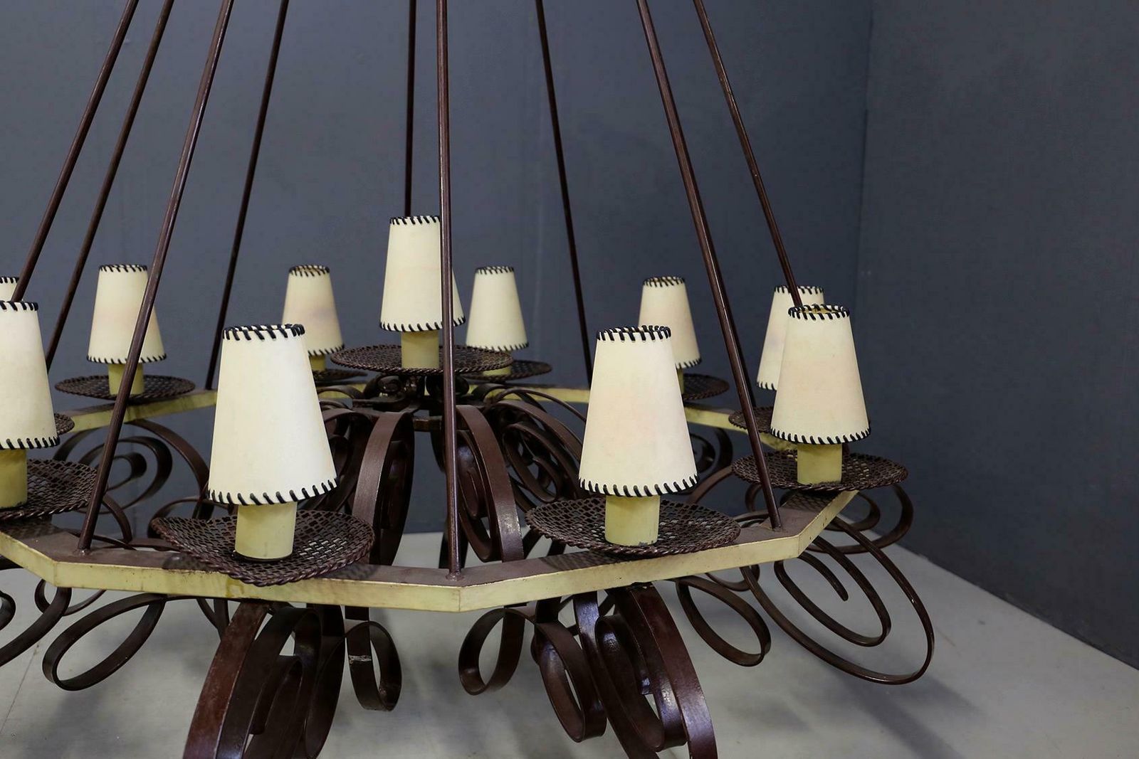 photo for sale Impressive French Art Deco Chandelier In Painted Metal And Fabric