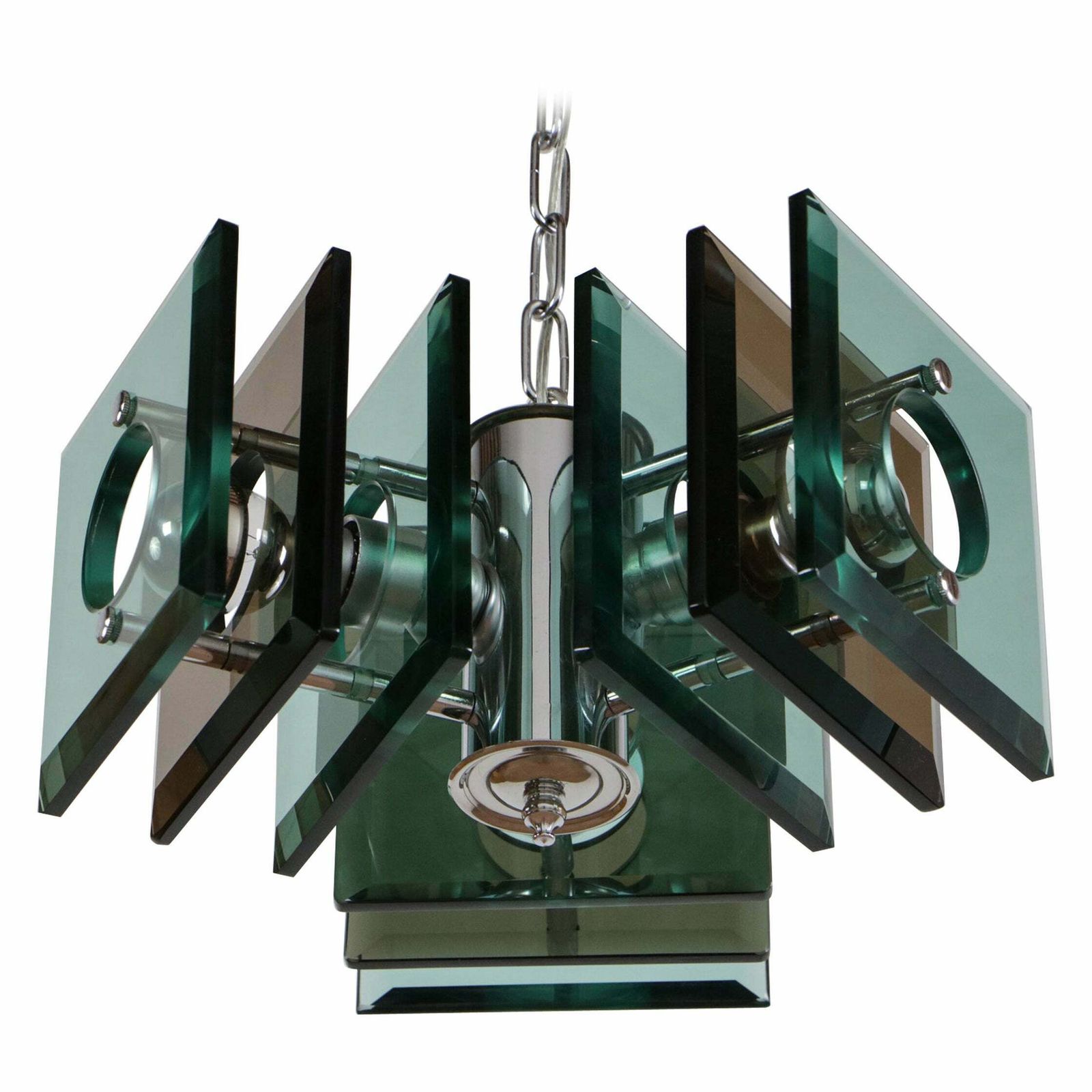 Italian Space Age Square Green Color Chandelier By Lupi Cristal Luxor, 1950s