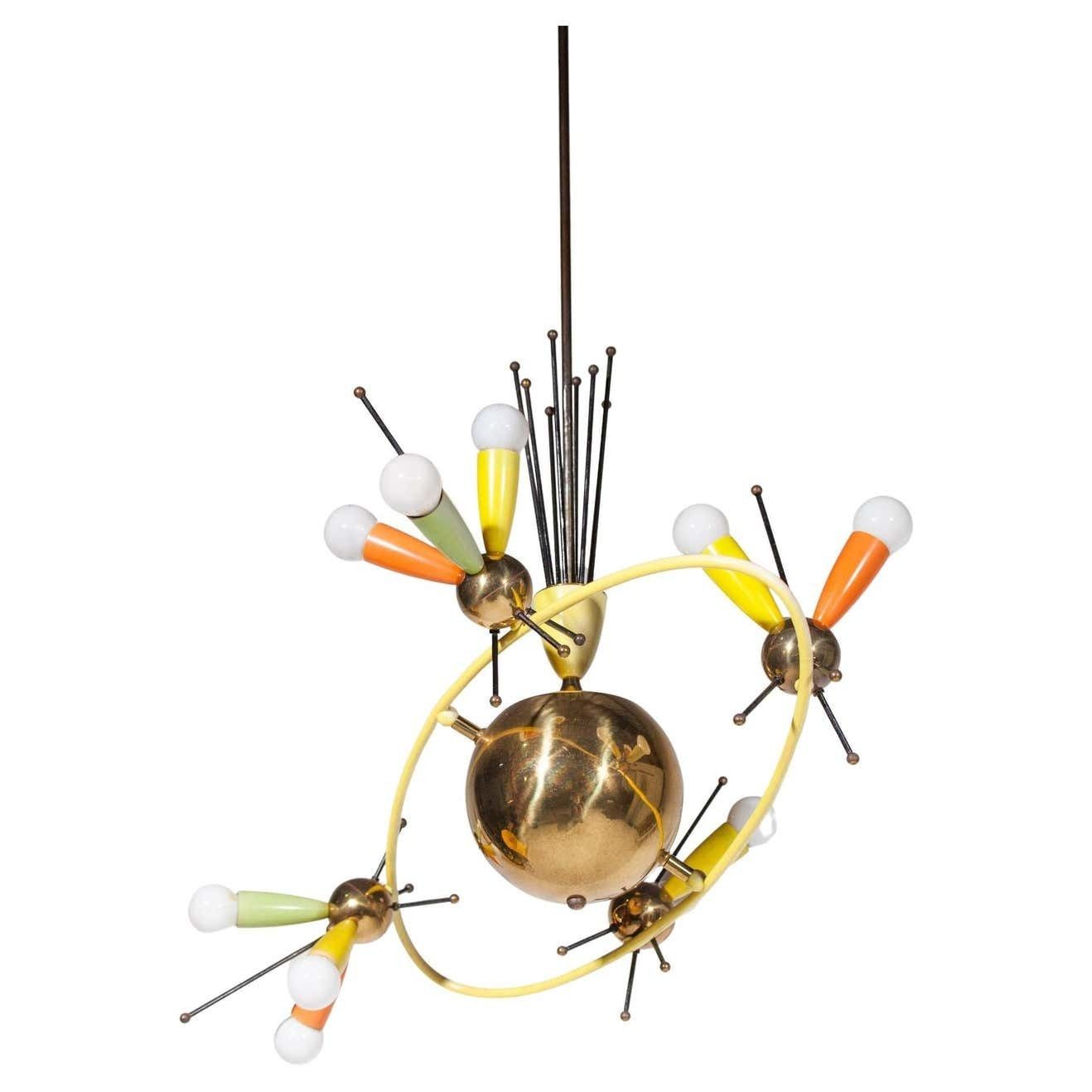 Space Age Fifties Brass Multicoloured Chandelier Style Angelo Lelli, 1959