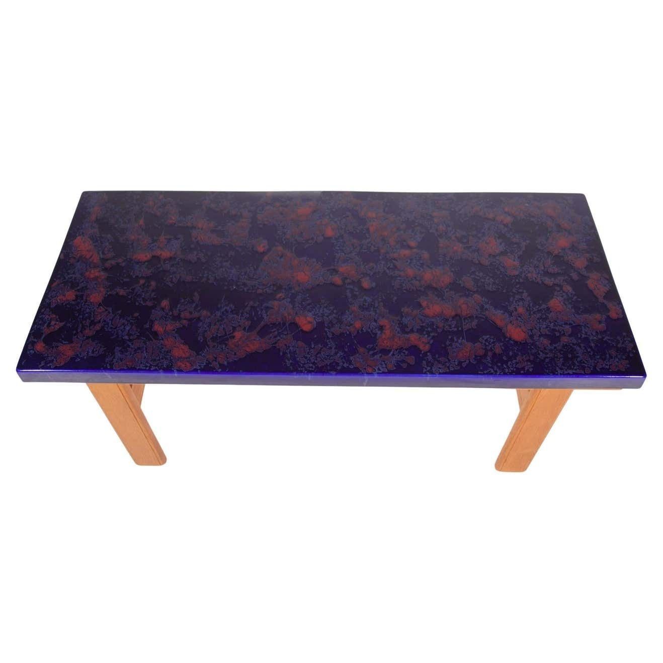 Large Rectangular Top Ceramic Blue And Orange Tile Coffee Table, 1970s