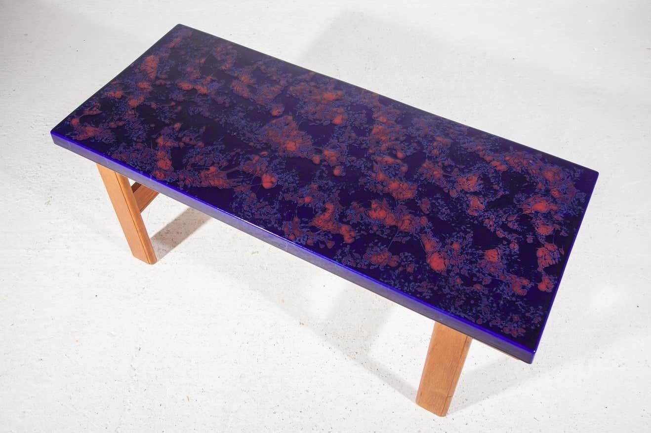 Large Rectangular Top Ceramic Blue And Orange Tile Coffee Table, 1970s photo vinterior