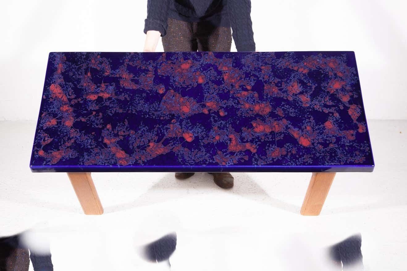 Furniture Large Rectangular Top Ceramic Blue And Orange Tile Coffee Table, 1970s photo