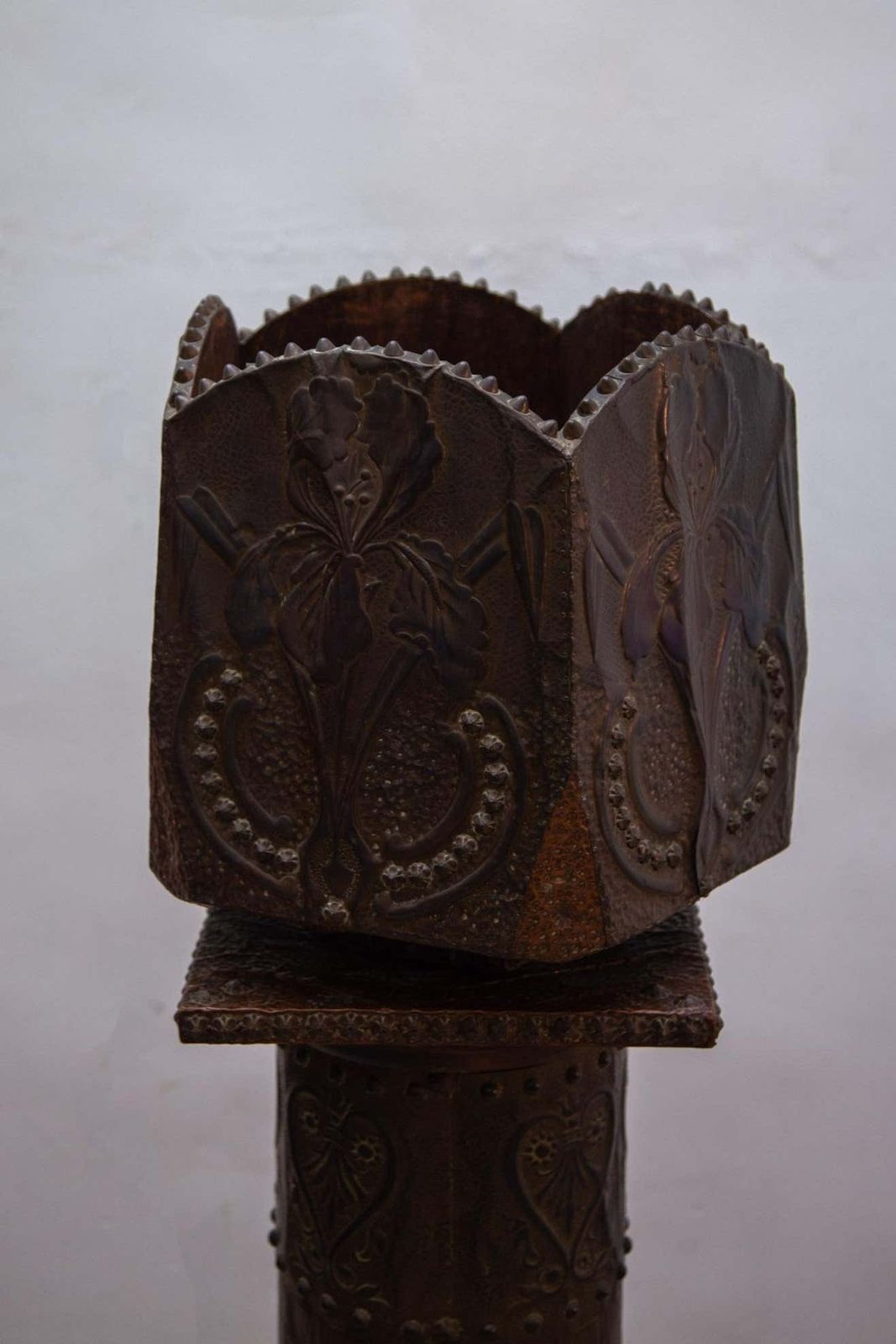 photo for sale Art Nouveau Pedestal And Planter In Hammered Copper By Large Iris Flowers
