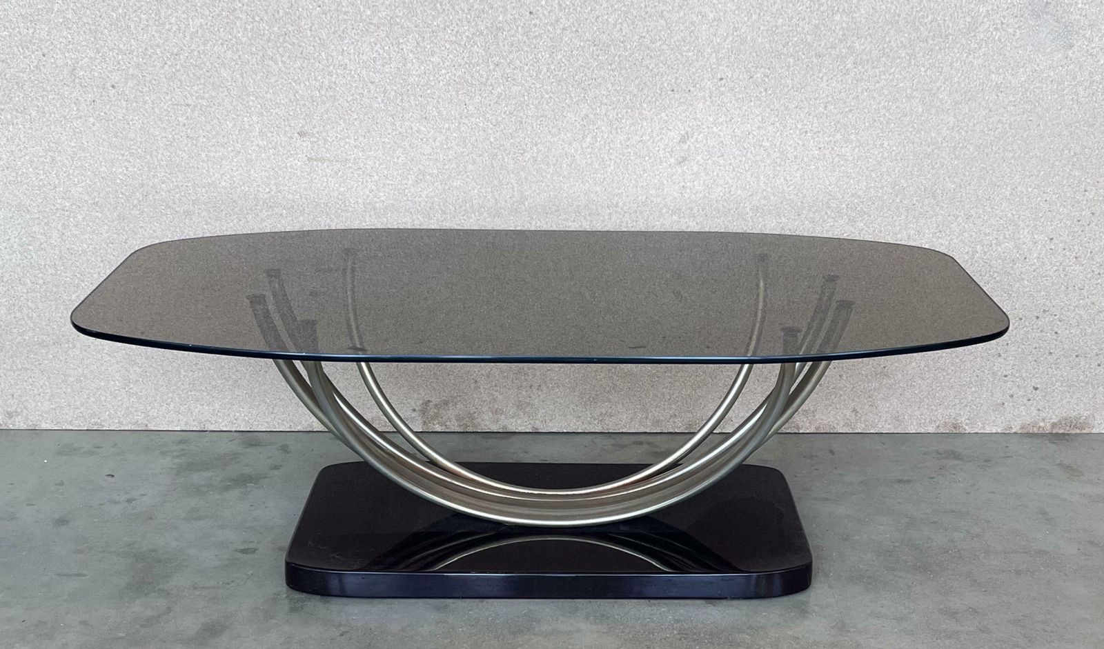 Art Decó Chrome Coffee Table With Fumé Glass Top And Ebonised Base photo furniture