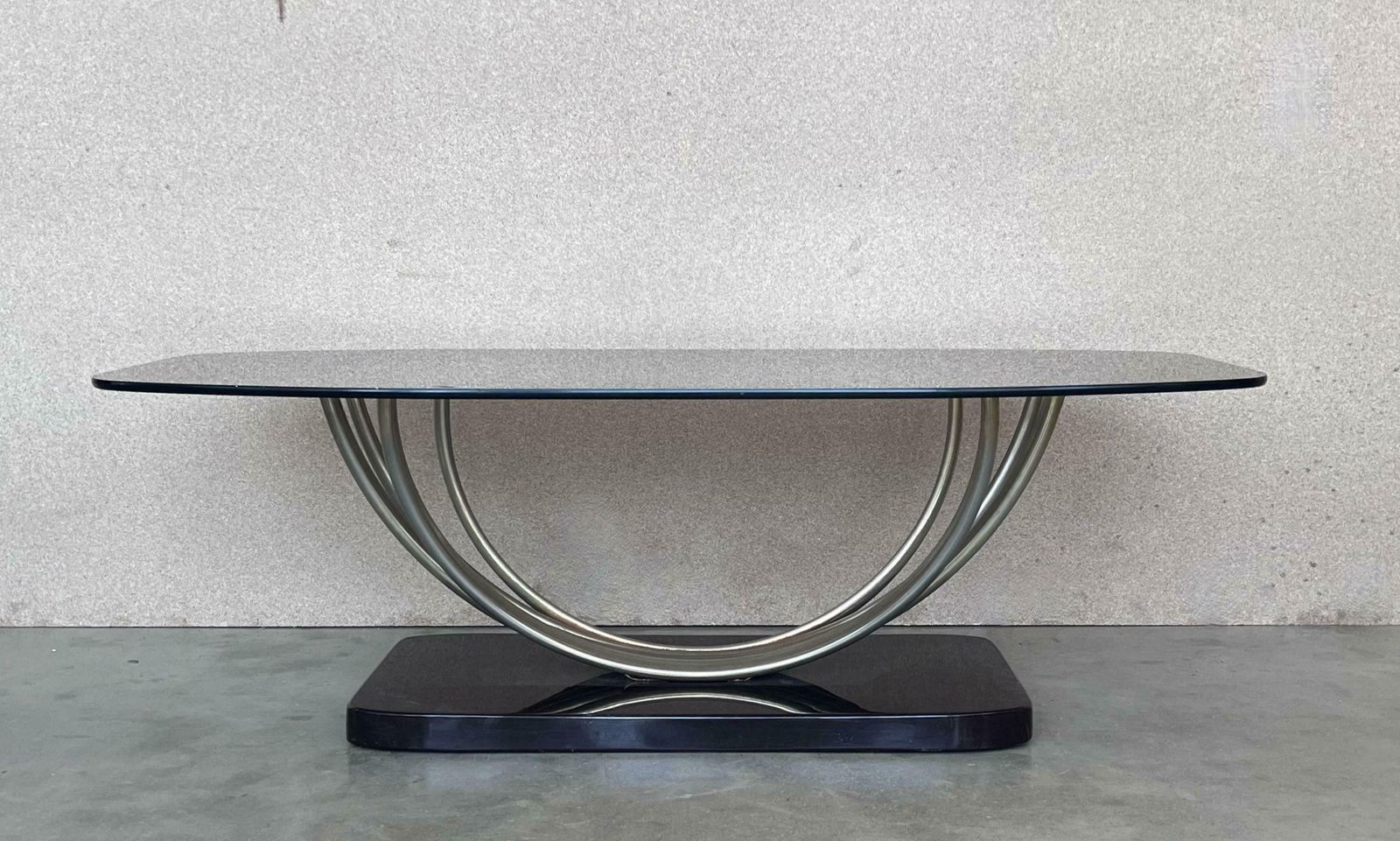 Art Decó Chrome Coffee Table With Fumé Glass Top And Ebonised Base photo for sale