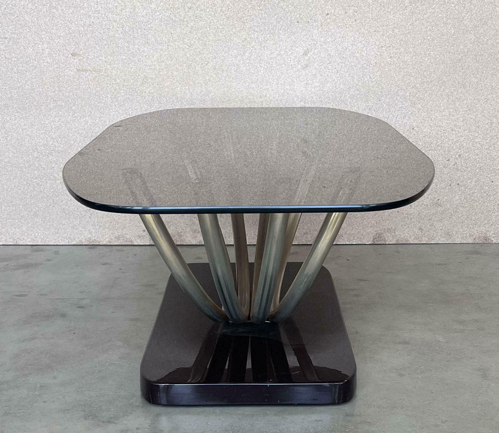 Art Decó Chrome Coffee Table With Fumé Glass Top And Ebonised Base photo vintage