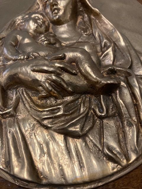 Ancient Bronze Depicting A Virgin With Child. Oval High Relief 19th Century photo for sale