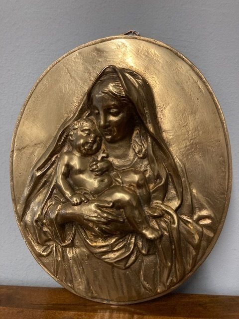 Ancient Bronze Depicting A Virgin With Child. Oval High Relief 19th Century photo vinterior