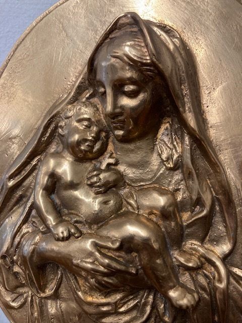 Ancient Bronze Depicting A Virgin With Child. Oval High Relief 19th Century photo buy