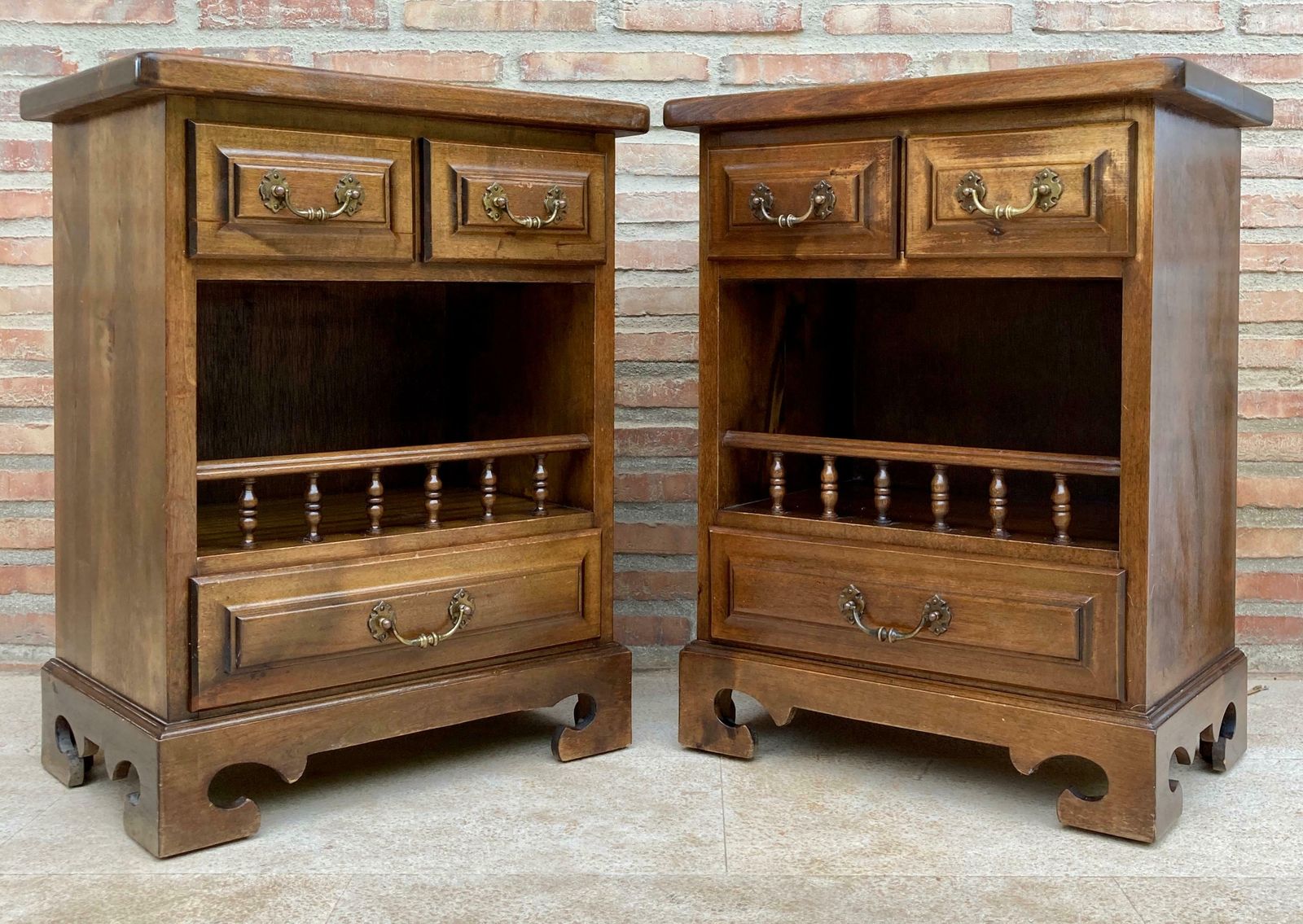 20th Spanish Nightstands With Three Drawers One Shelf And Bronze Hardware 1970s, photo furniture