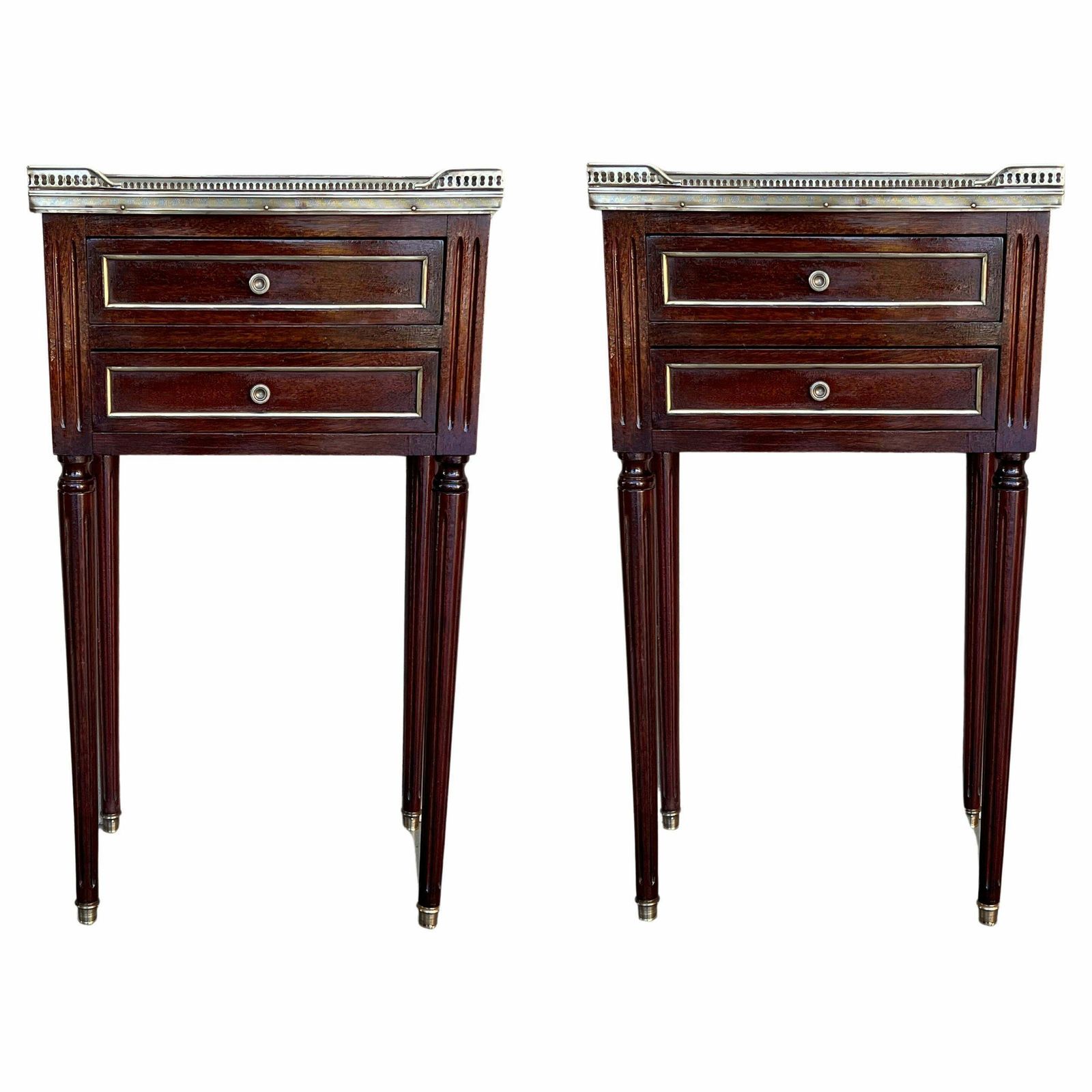 20th Century Pair Of Louis XVI Style Marble Top, Bronze And Walnut Nightstands