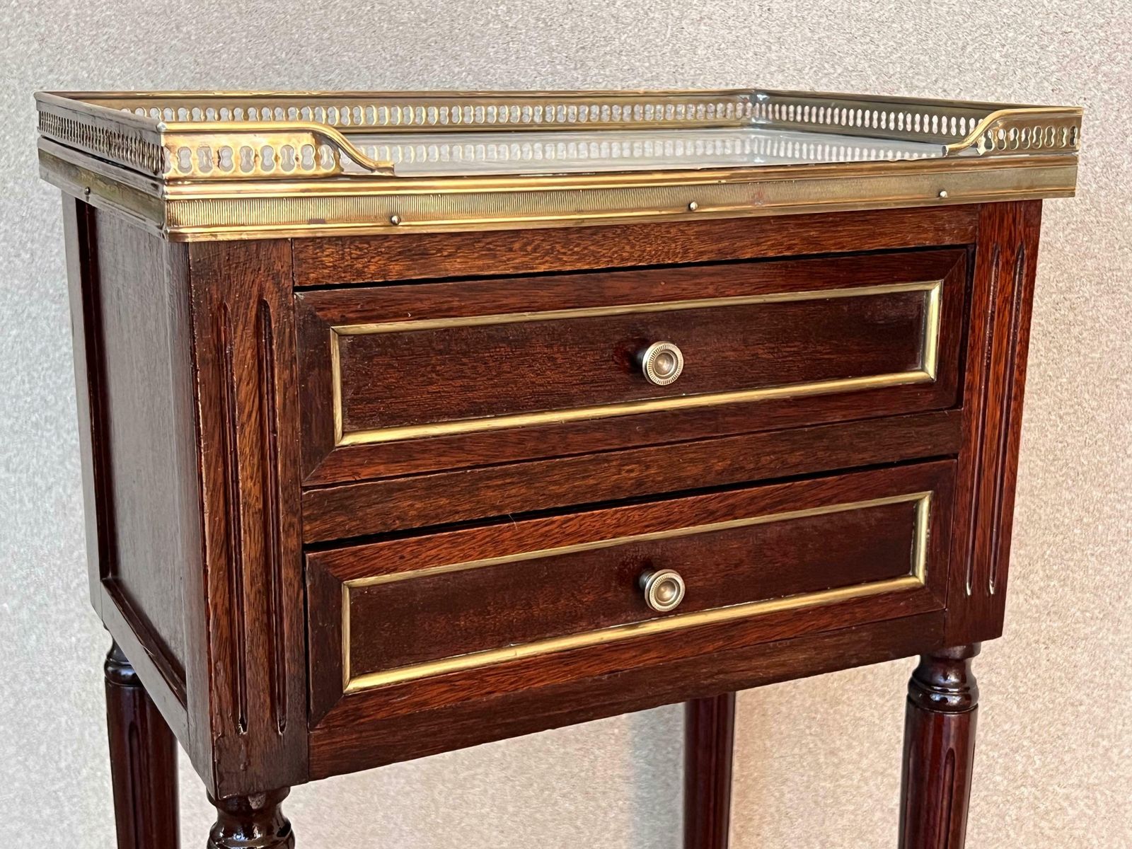 20th Century Pair Of Louis XVI Style Marble Top, Bronze And Walnut Nightstands photo vintage