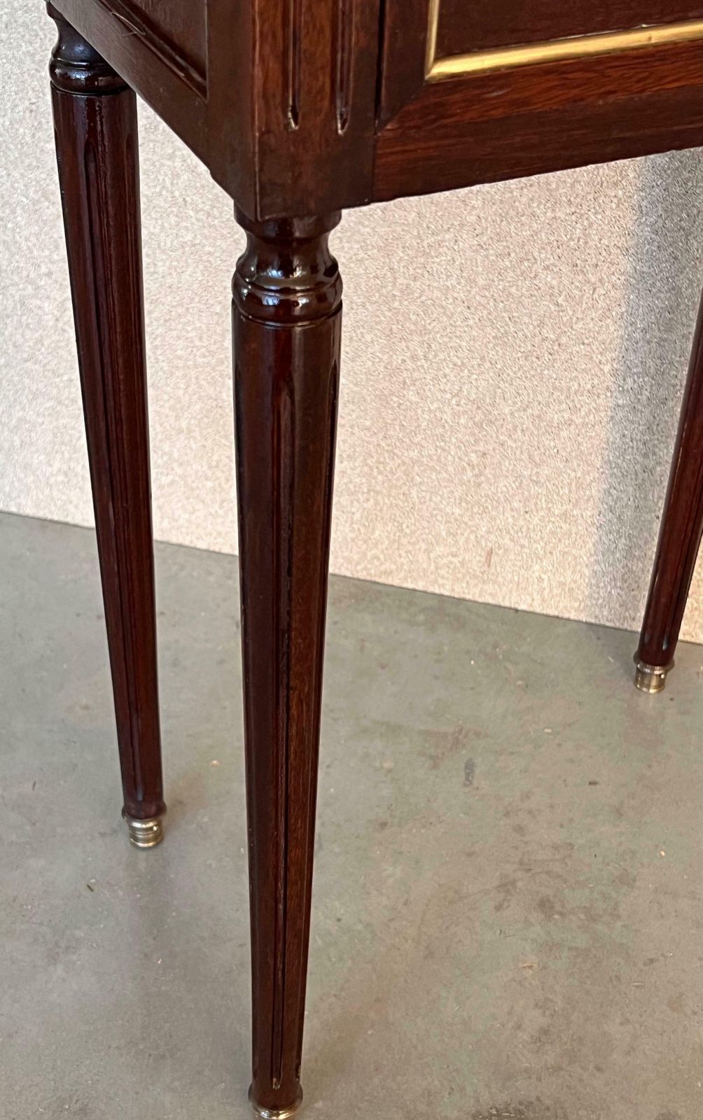 photo for sale 20th Century Pair Of Louis XVI Style Marble Top, Bronze And Walnut Nightstands