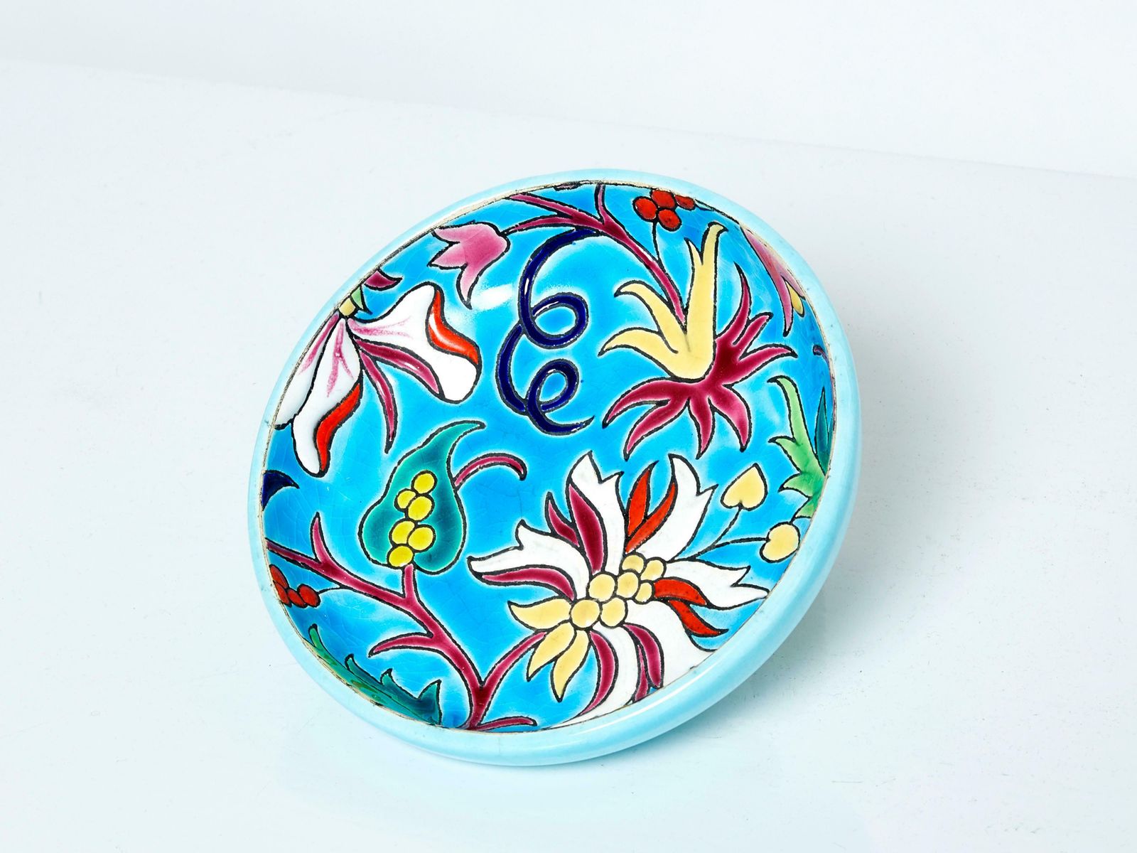 photo for sale Blue Flowers Art Deco Bowl Emaux De Longwy, 1950
