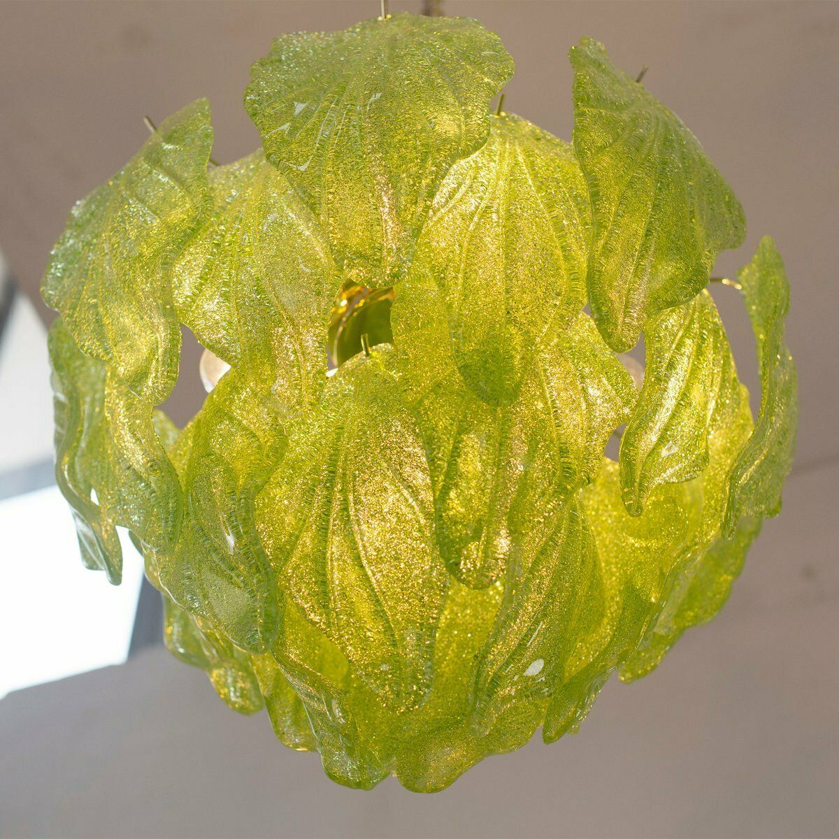 Murano Glass Suspension Chandelier With Green Leaves, Italy, 1990s photo vintage