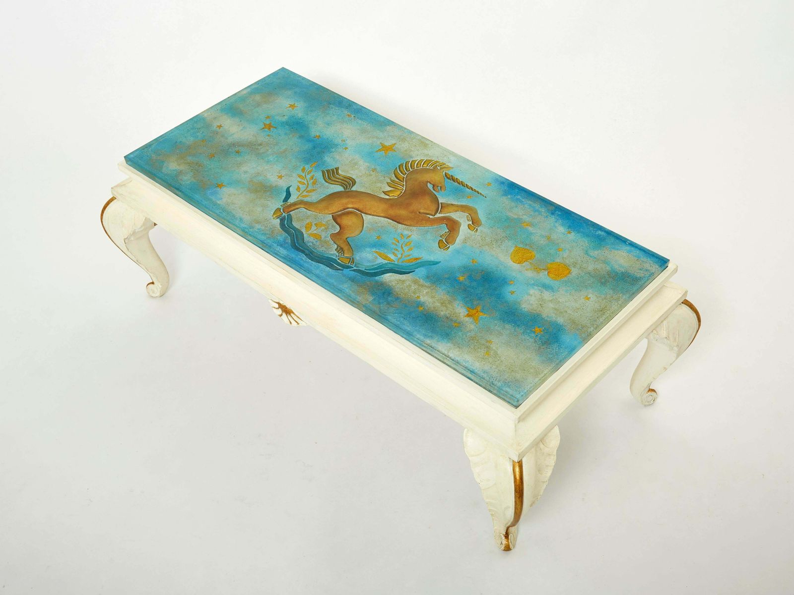 Table basse Maison Jansen en bois doré, plateau en verre peint, 1950 photo furniture