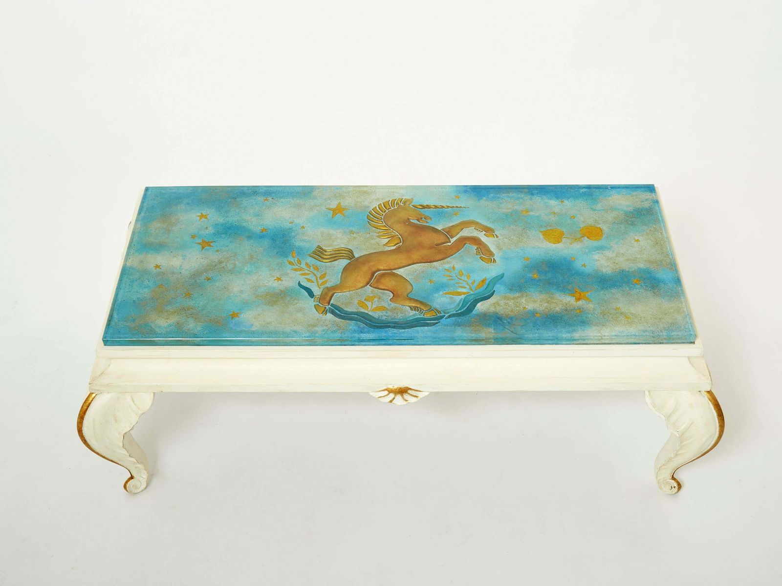 Table basse Maison Jansen en bois doré, plateau en verre peint, 1950 photo buy