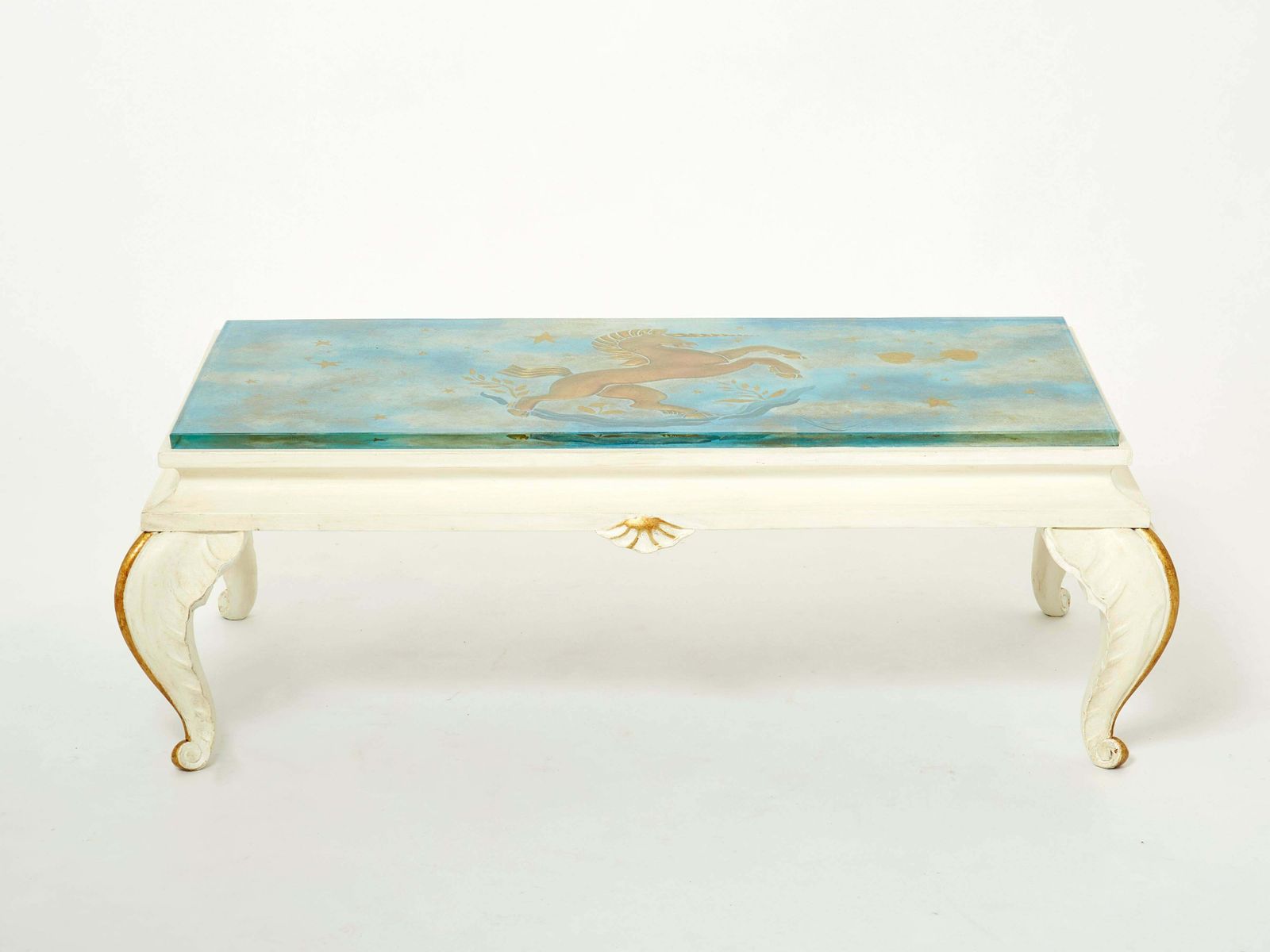 Mobilier Table basse Maison Jansen en bois doré, plateau en verre peint, 1950 photo