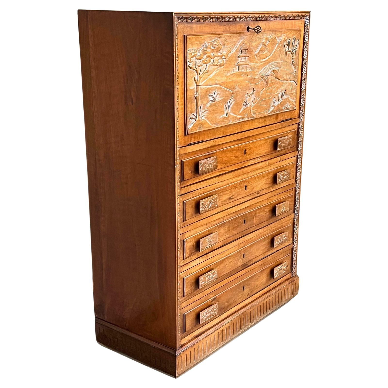 Spanish Fall Front Secretary Desk In Carved Oak, Spain, Circa 1950