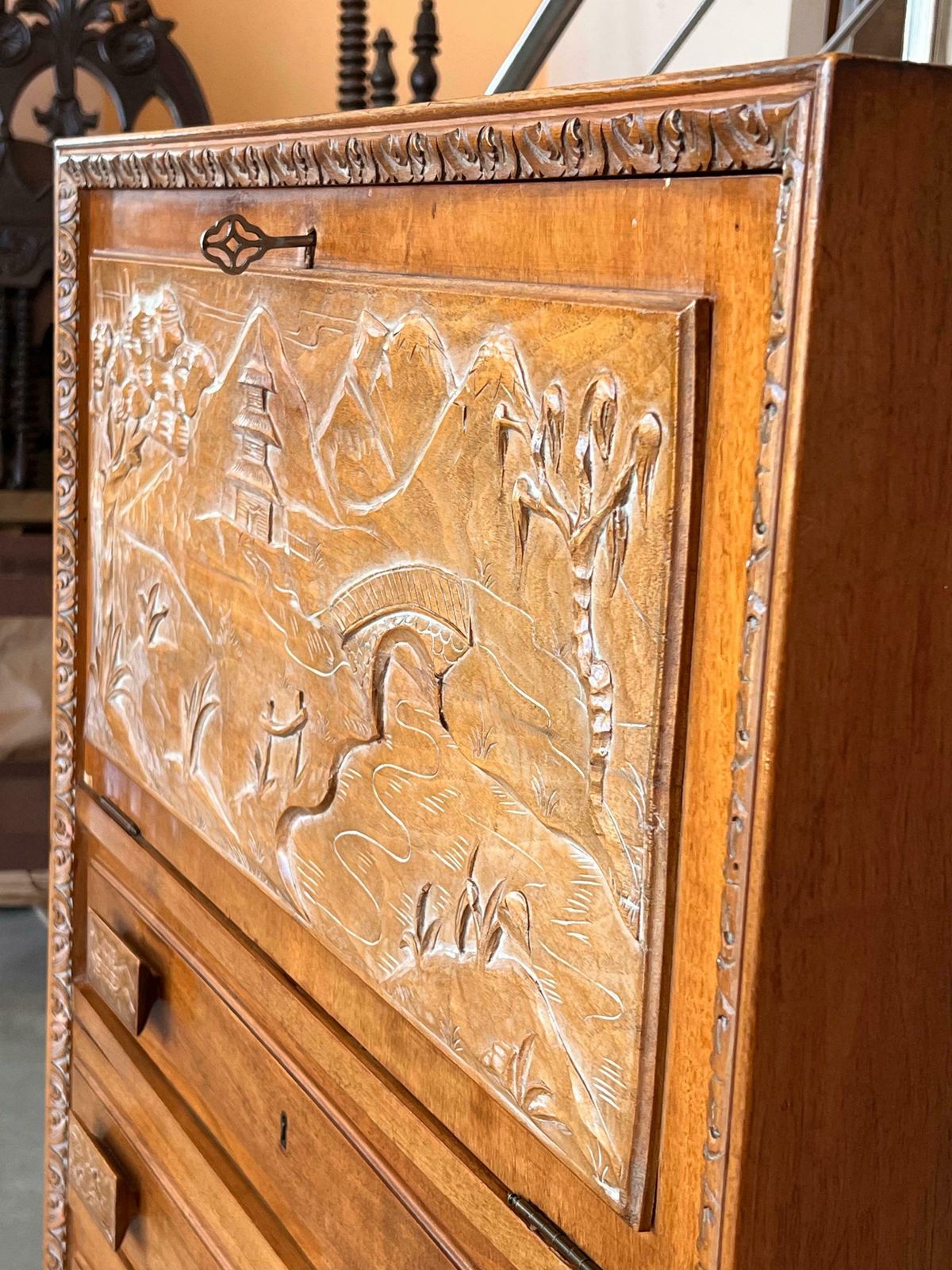 photo furniture Spanish Fall Front Secretary Desk In Carved Oak, Spain, Circa 1950