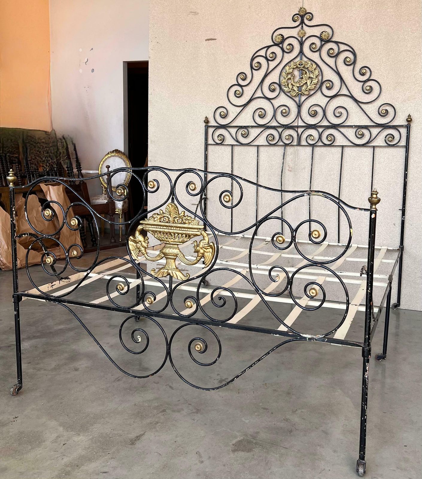 Large Black And Golden Iron & Bronze Full Bed, Early 19th Century photo 4565.0