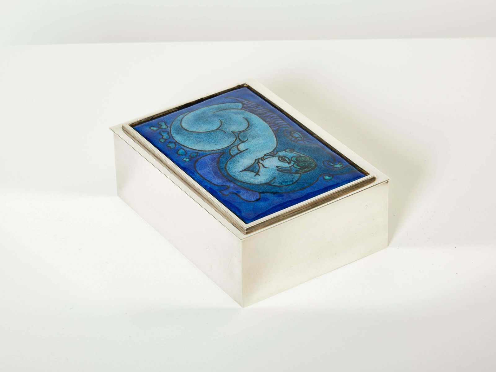 Boîte à bijoux Crevillen Paris en céramique bleue émaillée et argentée, 1970 photo furniture