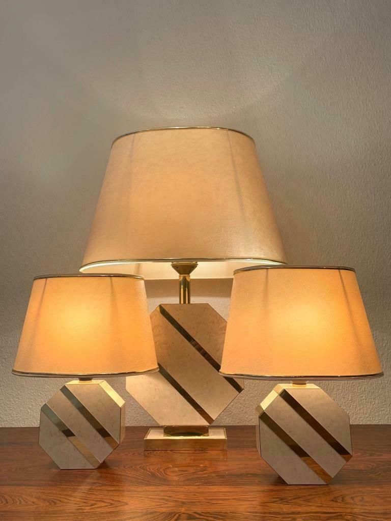 Set Of 3 Brass & Lacquered Wood Octogonal Base Table Lamps, Ca. 1970s photo furniture