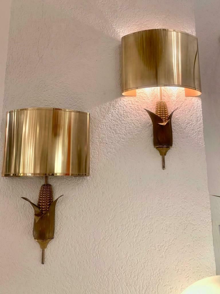Signed Maison Charles Pair Of Bronze & Brass "Corn" Wall Lamps, France, 1970s photo for sale