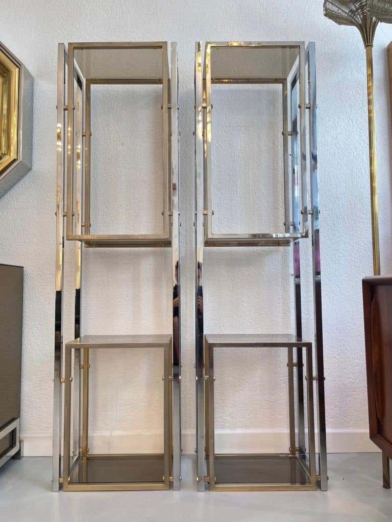 photo furniture Vintage Pair Of Brass, Chrome & Glass Shelves, Italy, Ca. 1970s