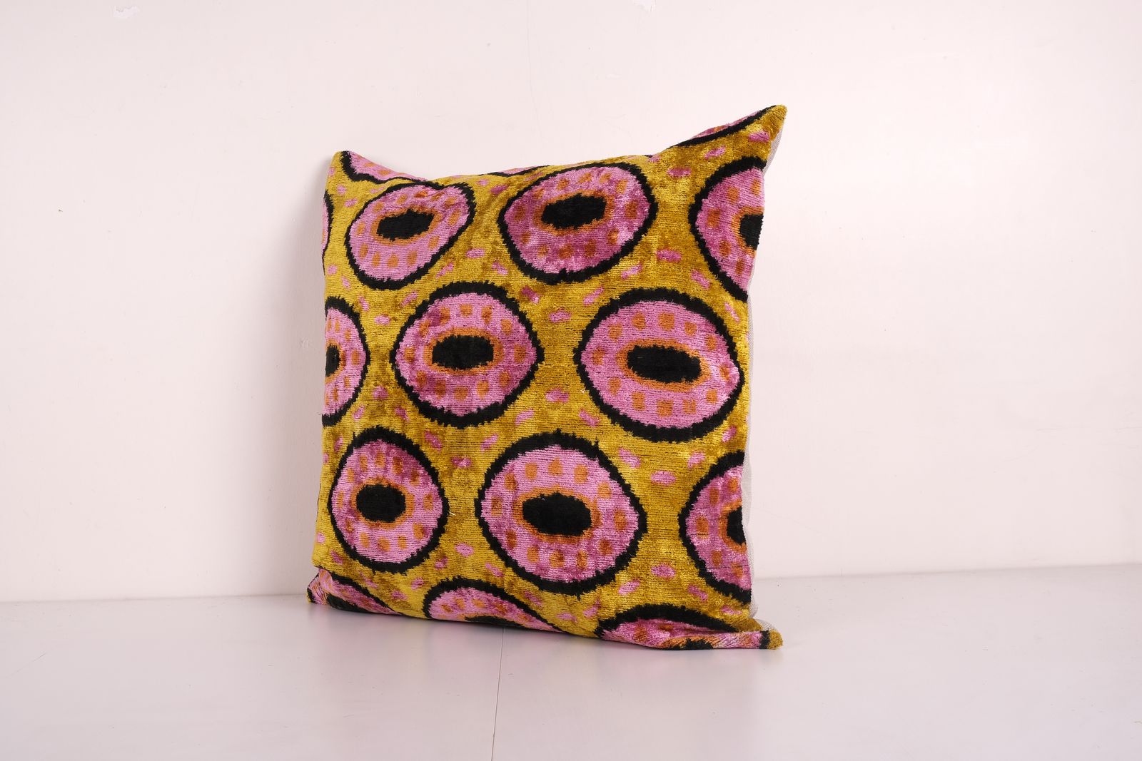 Square Bronze Ikat Velvet Pillow, Silk Ikat Cushion Cover, Pink Ikat Pillowcase, Unusual Design Uzbek Tribal Pillow 24'' X 24'' photo furniture