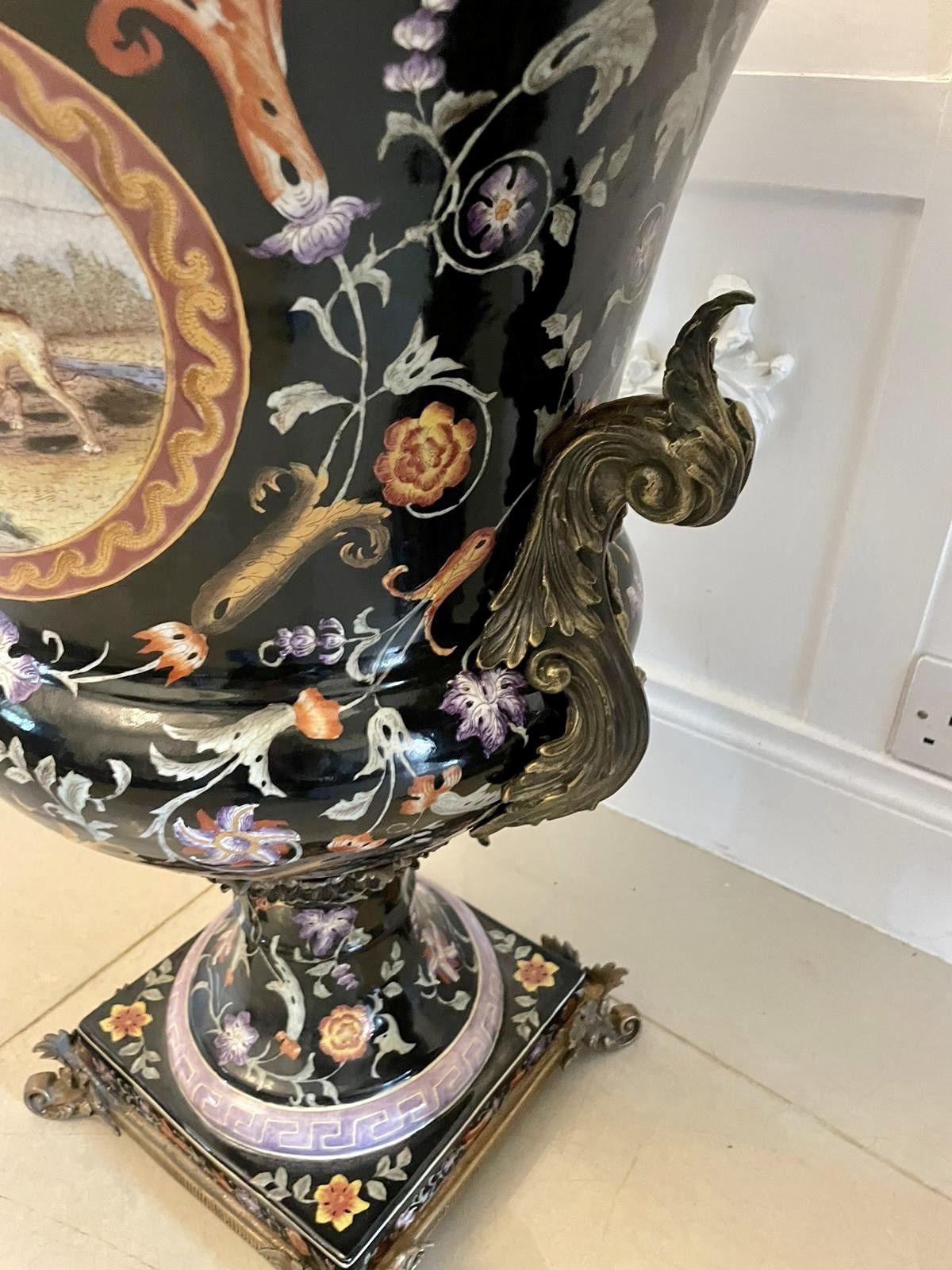Large Pair Of Quality Antique 19th Century Porcelain And Ornate Brass Mounted Vases photo buy