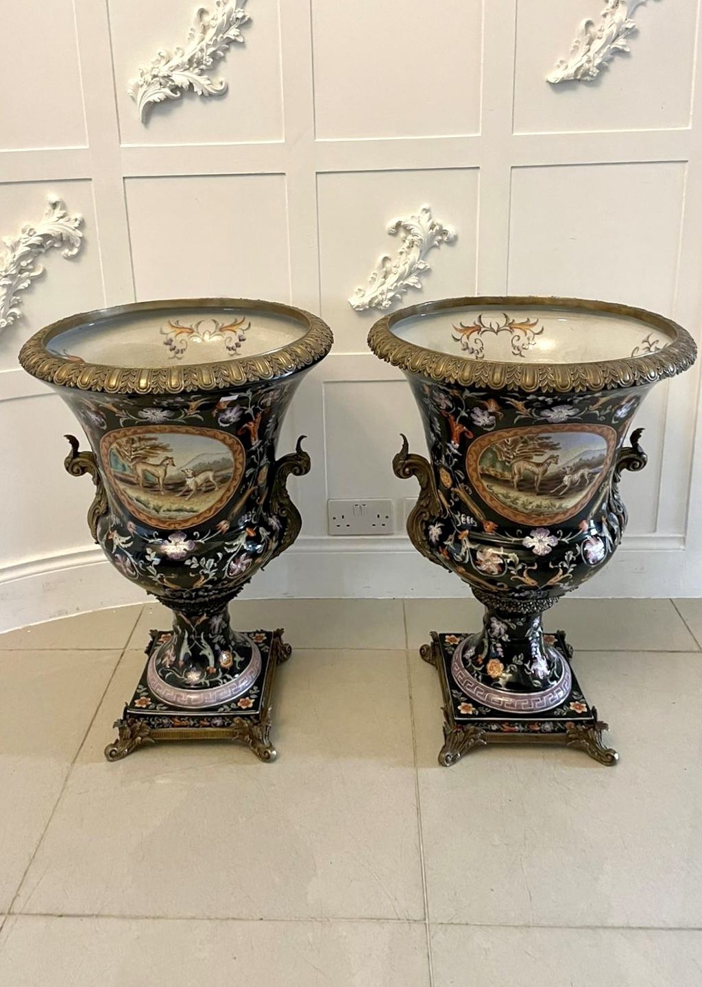 photo furniture Large Pair Of Quality Antique 19th Century Porcelain And Ornate Brass Mounted Vases