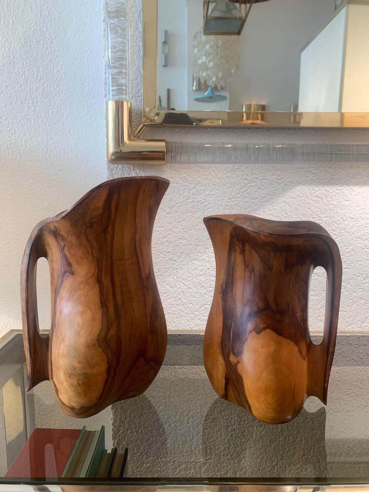 Set Of 2 Sculptural Carved Olivewood Jug, France Ca. 1950s photo furniture