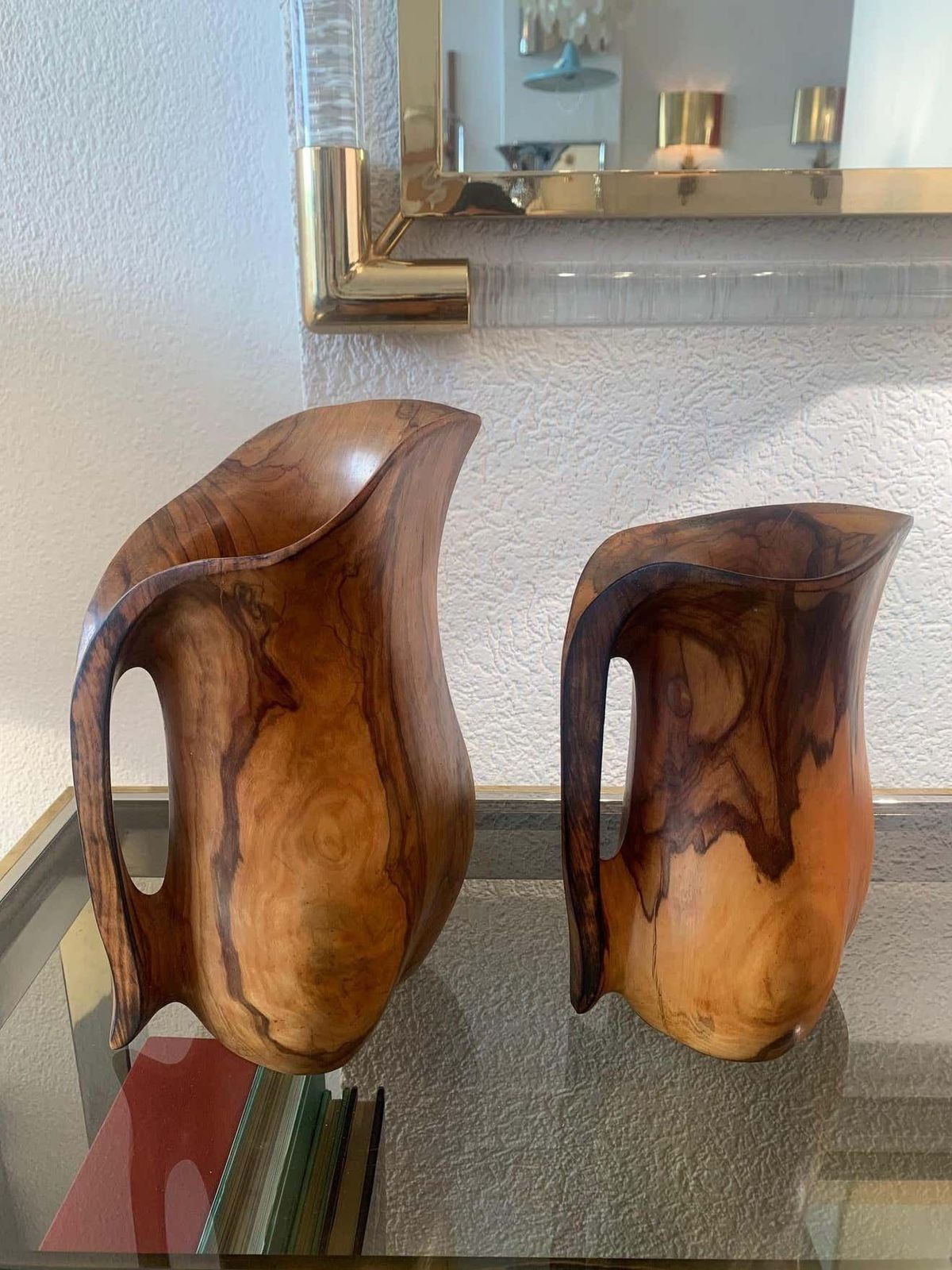 Set Of 2 Sculptural Carved Olivewood Jug, France Ca. 1950s photo buy