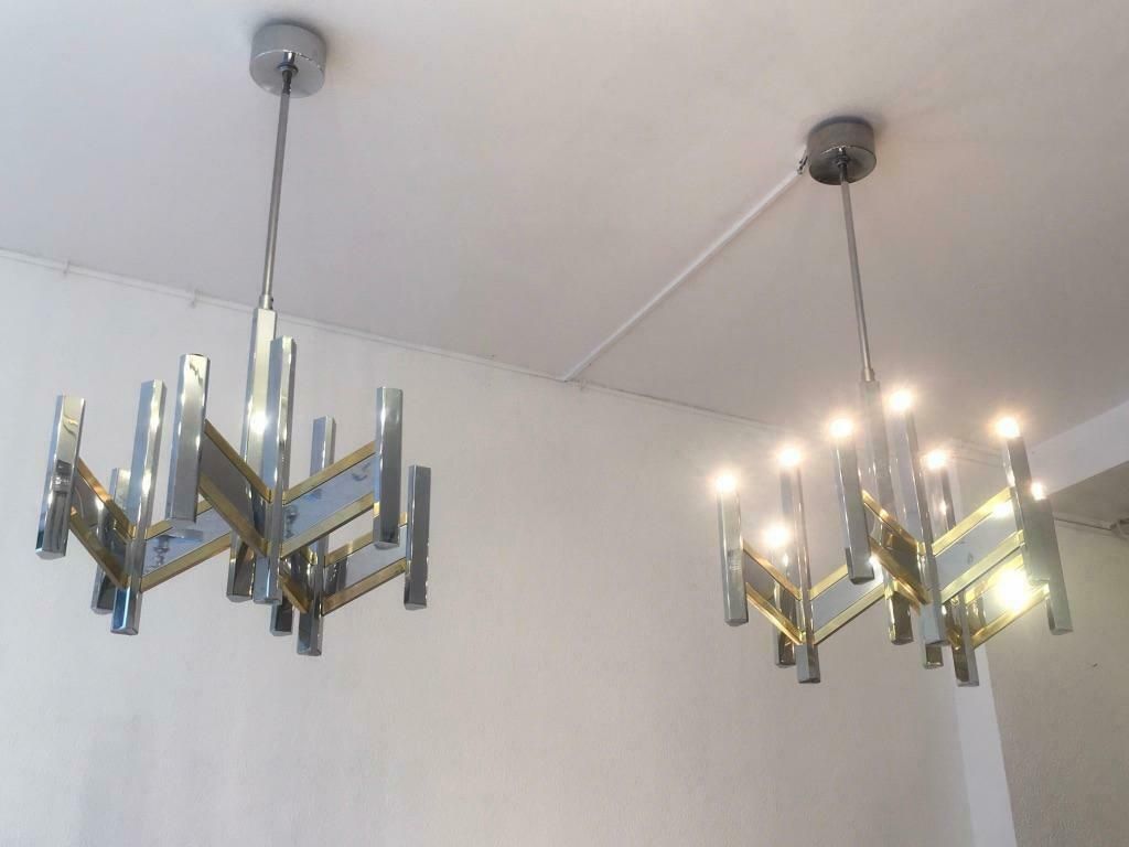 2 Chrome And Brass Chandelier By Gaetano Sciolari, Italy, Circa 1970 photo for sale