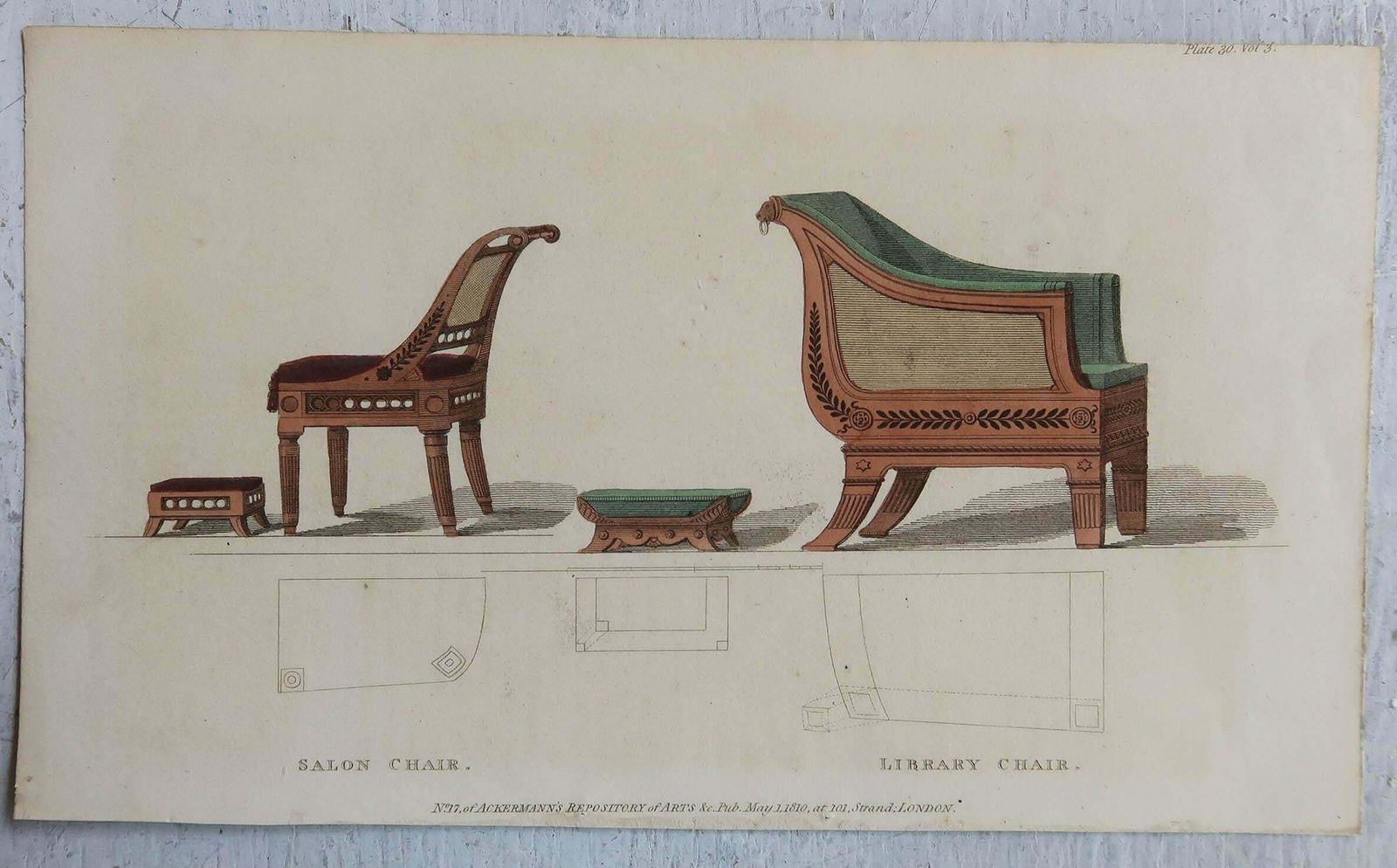 Set Of 4 Original Antique Prints Of Regency Furniture, Dated 1825 photo for sale