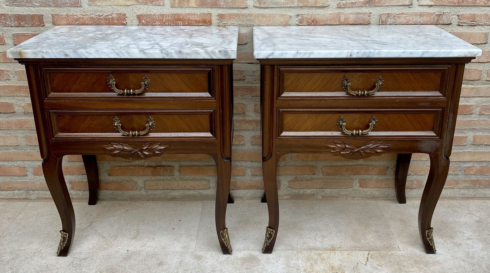 Mid 20th Century Pair Of Walnut Nightstands With Two Drawers And Marble Top photo for sale
