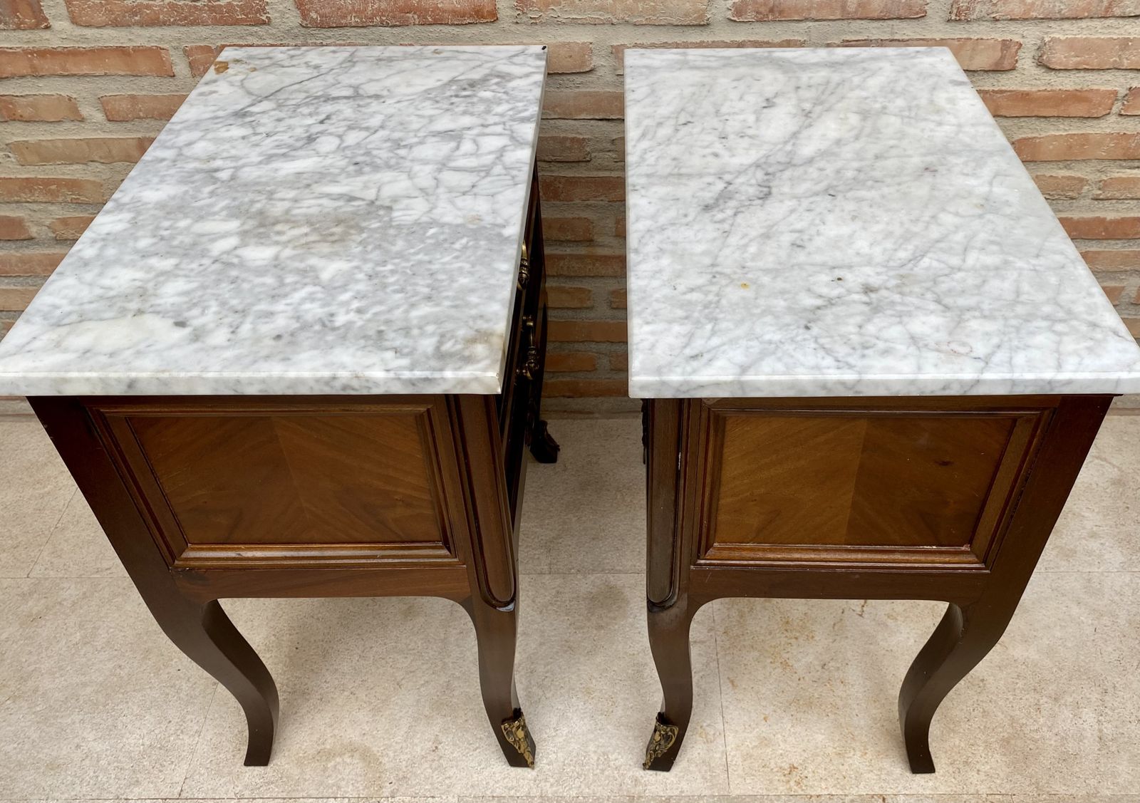 Furniture Mid 20th Century Pair Of Walnut Nightstands With Two Drawers And Marble Top photo