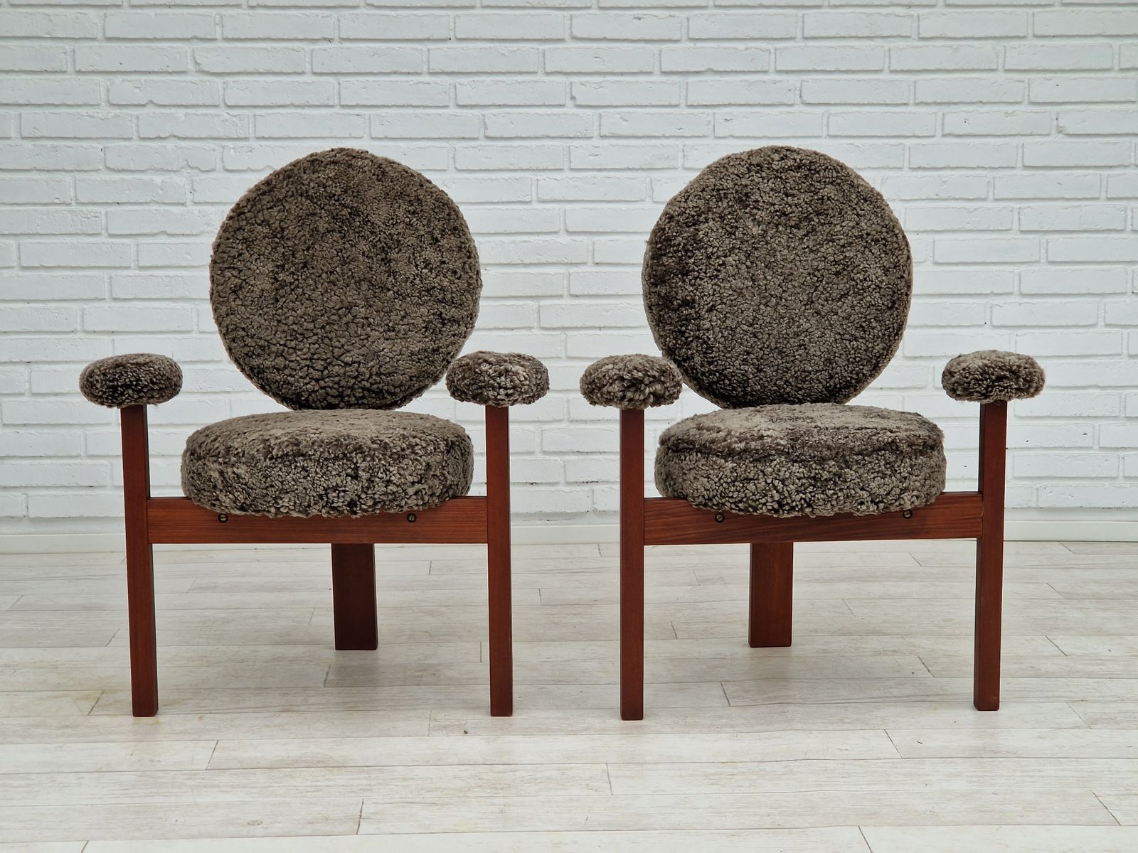 60s, Danish Design By Bent Møller Jepsen, Armchairs, Model "Medalie", Sheepskin, Teak Wood. photo Furniture