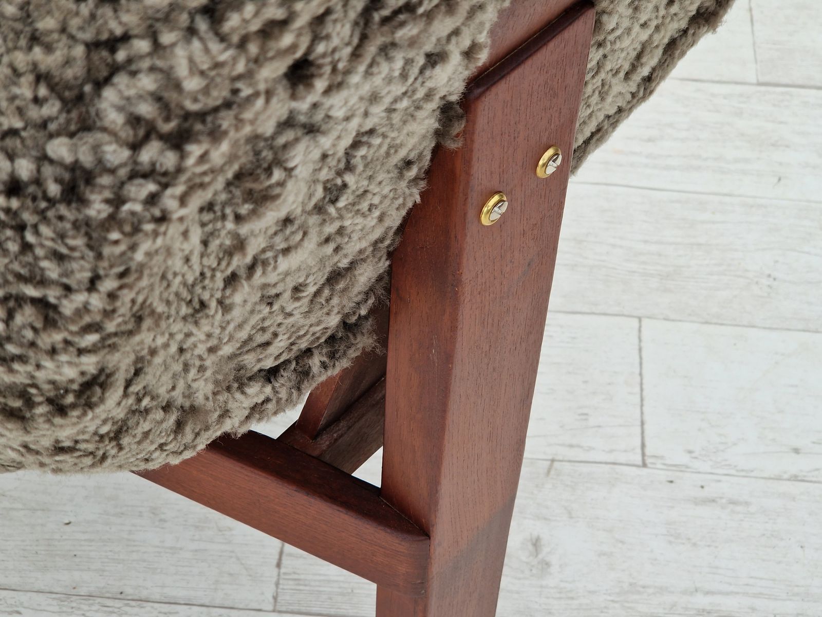 photo buy 60s, Danish Design By Bent Møller Jepsen, Armchairs, Model "Medalie", Sheepskin, Teak Wood.