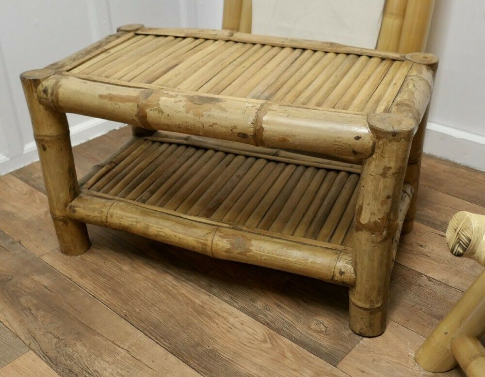 A Pair Of Giant Bamboo Deck Chair Set With Coffee Table photo vintage