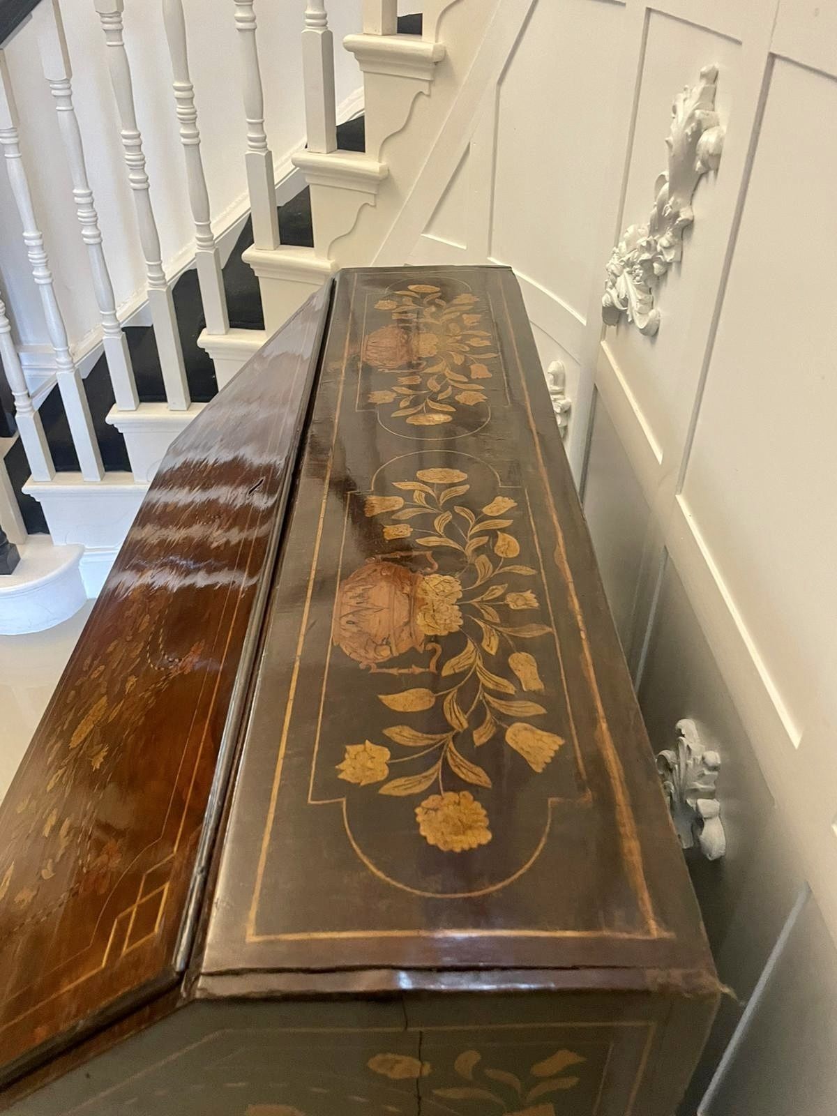 Antique 18th Century Quality Mahogany Floral Marquetry Inlaid Bombe Shaped Bureau photo vintage