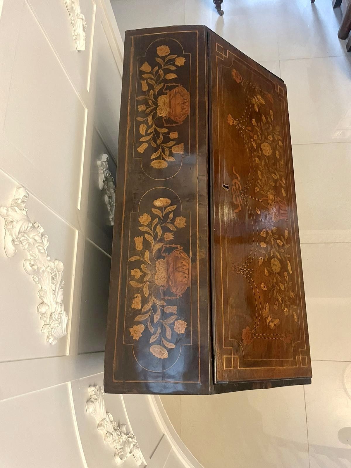 photo buy Antique 18th Century Quality Mahogany Floral Marquetry Inlaid Bombe Shaped Bureau