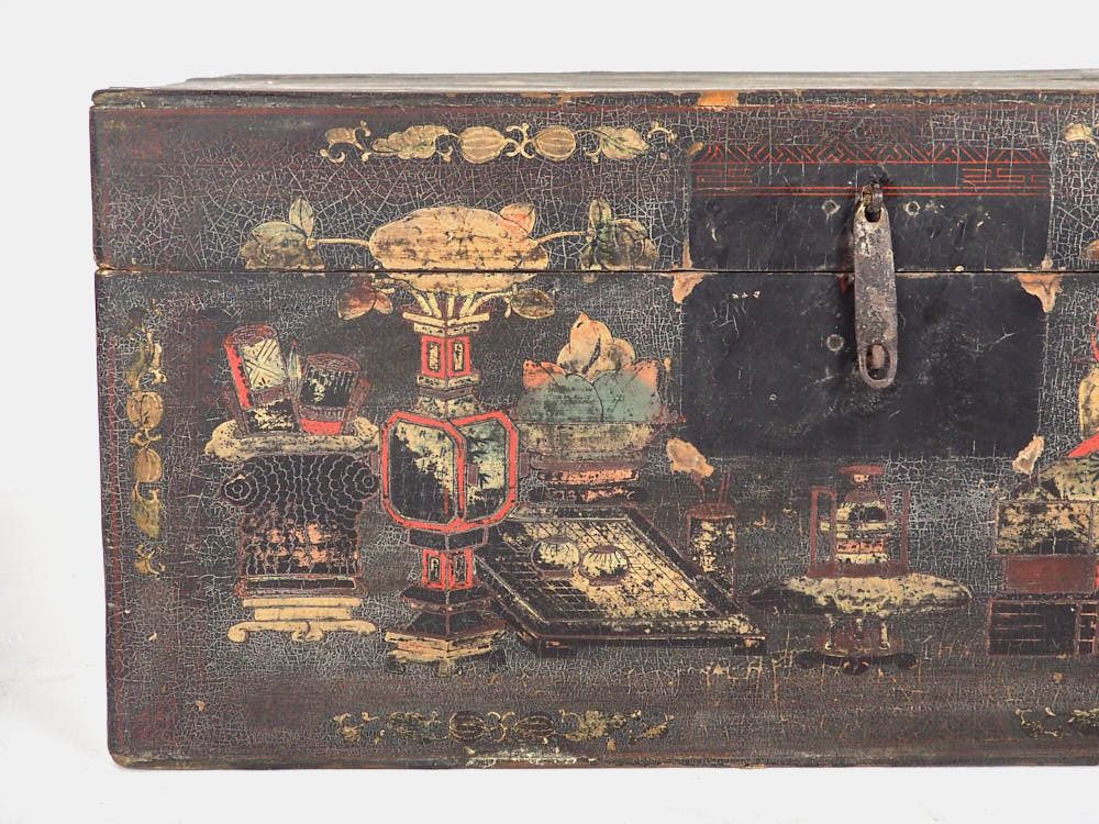 Antique Wooden Chest With Porcelain Vase Illustrations (China, C.1900) #2 photo for sale