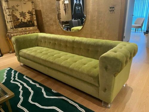 Sofa, Bespoke Lelievre, Upholstered In Fresh Green Velvet, Perspex Feet, 2.6 M