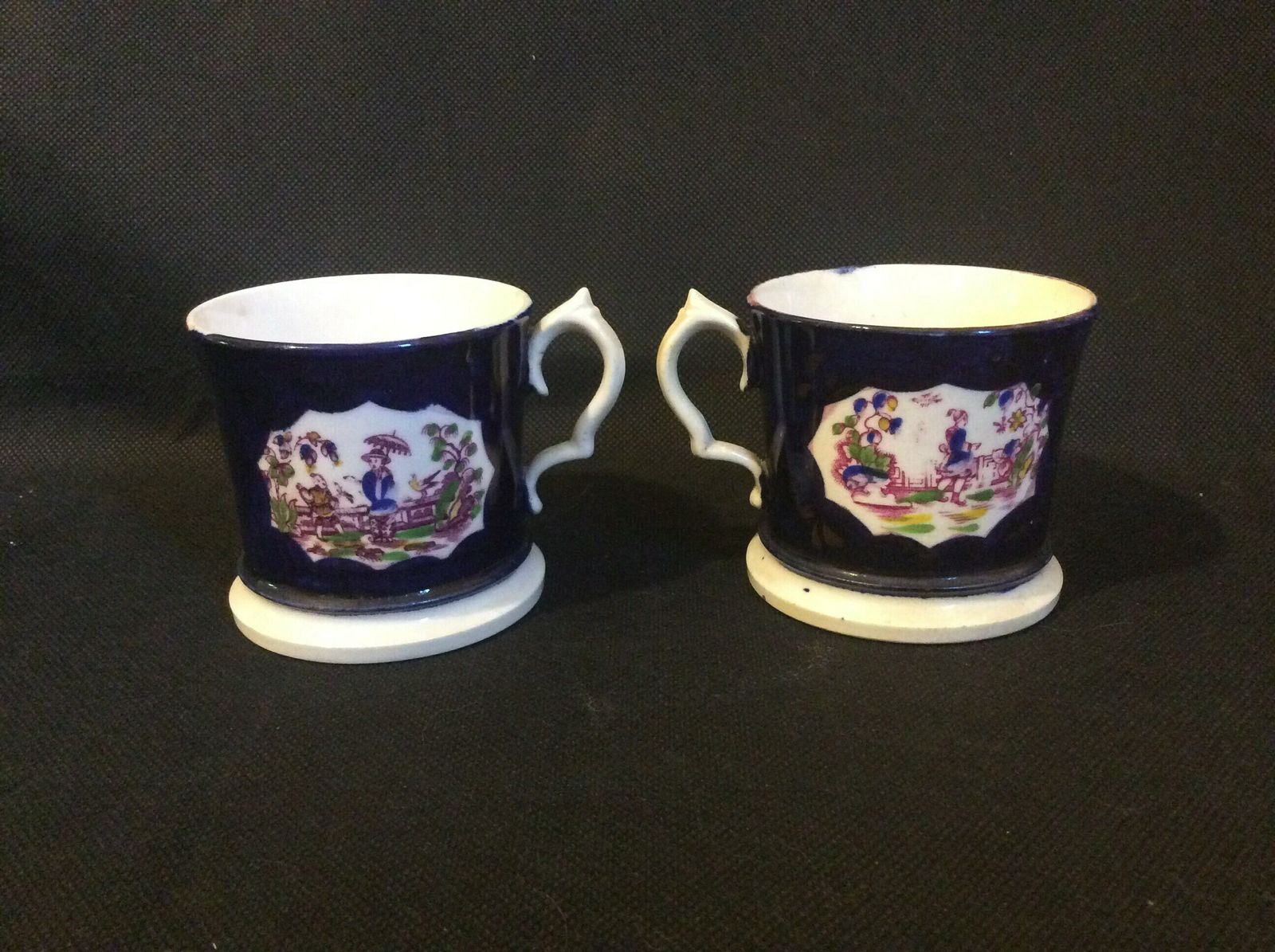 Antique C1830 Pair Of Sevres Style Cobalt Blue Hand Painted Porcelain Coffee Cans Coffee Cups, Antique Hand Painted Chinese Scenes